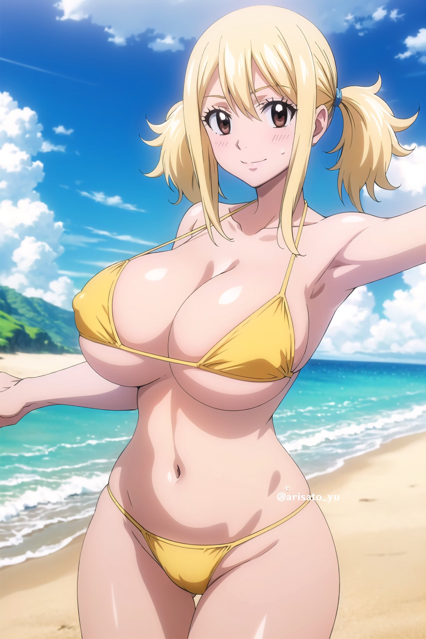 1girls, ai generated, arisato yu, bare legs, beach, big breasts, bikini, bikini top, blonde hair, blonde-haired female, breasts, brown eyes, curvaceous, curvy female, fairy tail, female, huge breasts, huge thighs, light skin, light-skinned female, looking at viewer, lucy heartfilia, massive breasts, smiling, solo female, thick body, thick female, thick thighs, thighs, twintails, voluptuous, voluptuous female