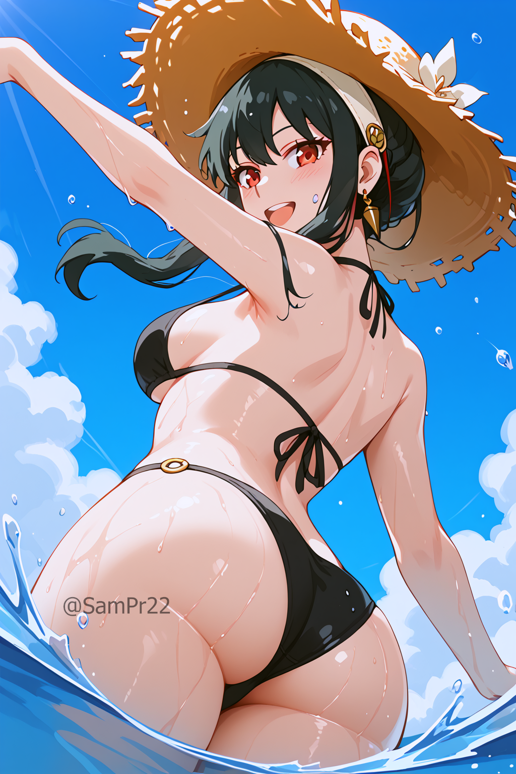 1girls ai_generated bikini black_bikini black_hair black_swimsuit female female_only hat nai_diffusion red_eyes sampr22 solo spy_x_family stable_diffusion sun_hat swimsuit tagme water yor_briar