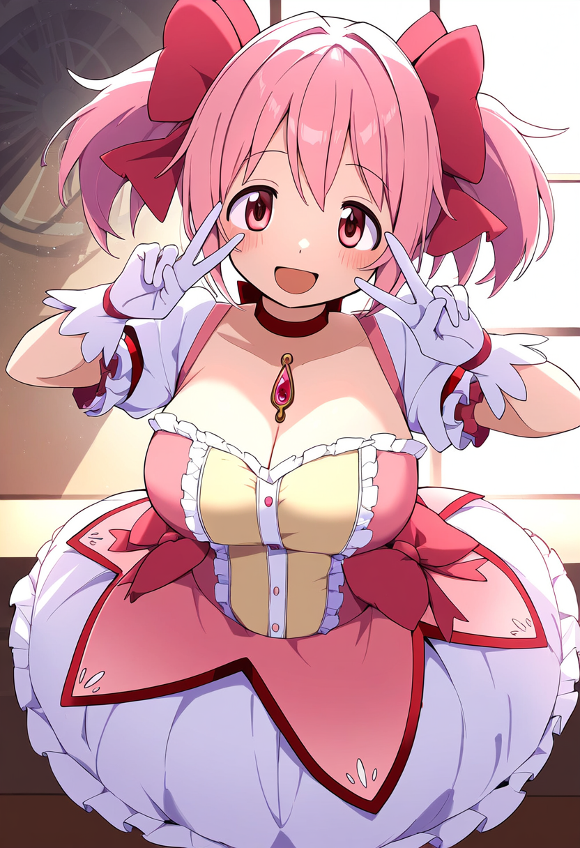 ai_generated big_breasts big_breasts breasts breasts cleavage cleavage_overflow double_peace_sign hair_ribbon madoka_kaname magical_girl magical_girl_outfit mahou_shoujo_madoka_magica pink_eyes pink_hair puella_magi_madoka_magica red_ribbon ribbon ribbons twintails