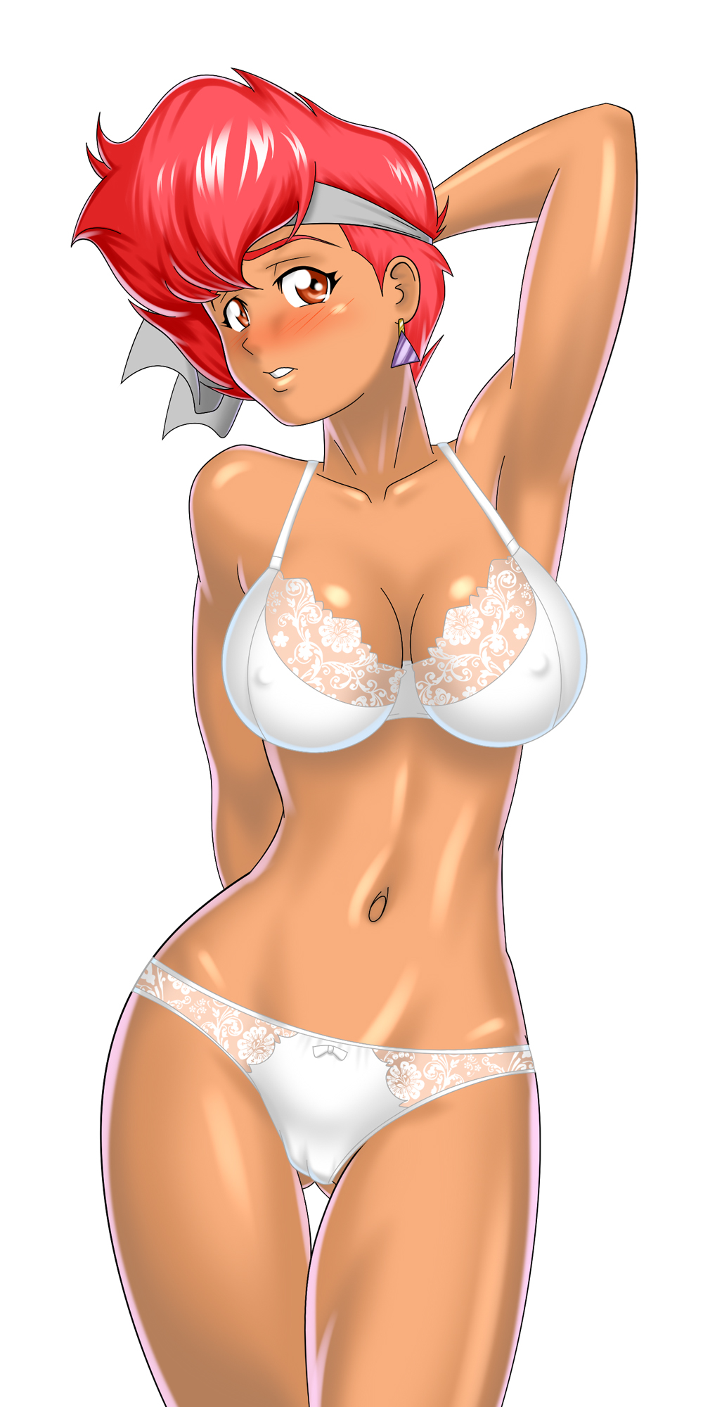 1girls 2013 bluebullpen bra breasts brown_eyes cameltoe curvaceous dark-skinned_female dark_skin dirty_pair female headband human kei_(dirty_pair) large_breasts looking_at_viewer panties presenting red_hair short_hair solo tanned_skin tomboy white_background white_panties