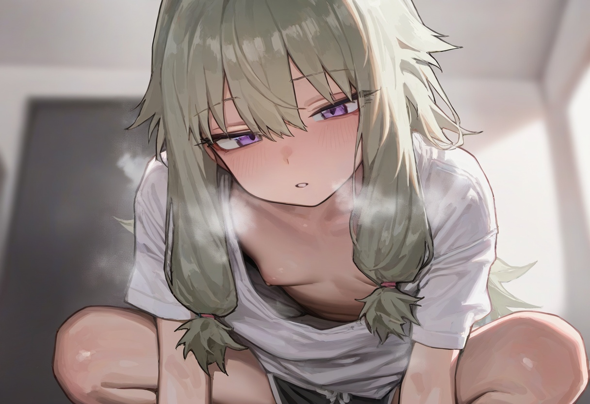 1girls, ai generated, areola, areolae, belly, blush, breasts, breasts out, clothed, clothing, female, female focus, female only, flat chest, flat chested, green hair, high resolution, highres, kusanagi nene, looking at viewer, naked, nipples, partially clothed, partially clothed female, partially nude, partially undressed, pov, project sekai, purple eyes, solo, solo female, solo focus, thighs, tits out, tummy bulge