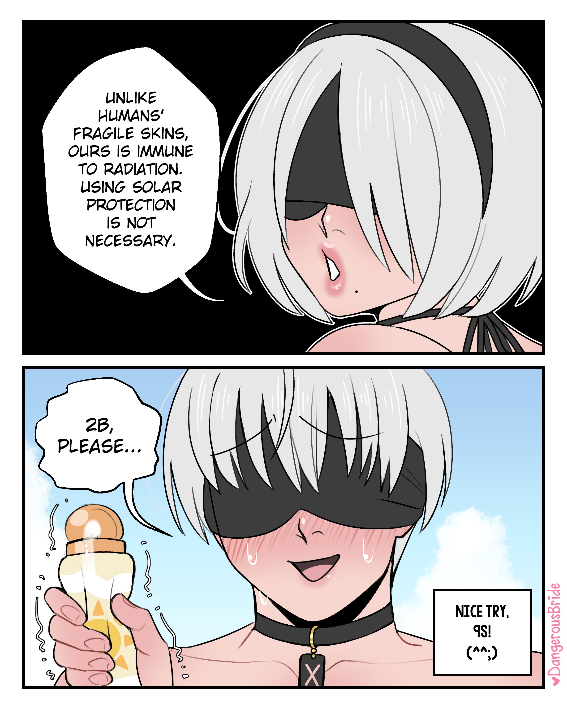 1boy, 1girls, android, blindfold, blush, dangerousbride, dialogue, english text, female, male, mole, mole under eye, nier: automata, speech bubble, sunscreen, very high resolution, white hair, yorha 2b, yorha 9s