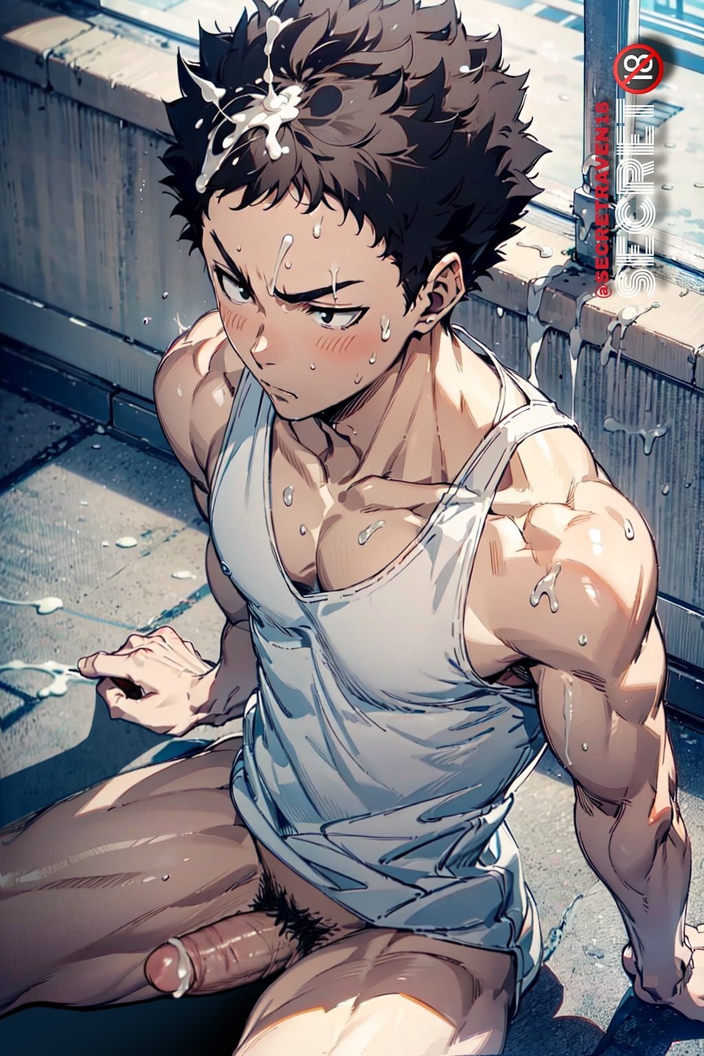 1boy ai_generated blush blushing cum cum_on_hair gay haikyuu!! iwaizumi_hajime male male_only muscle muscles muscular muscular_male penis pubic_hair solo tagme yaoi