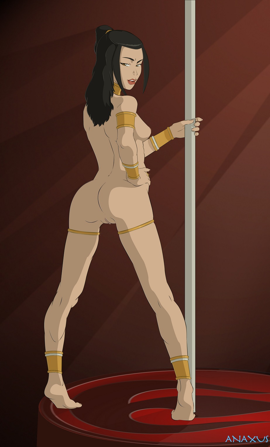 anaxus, avatar the last airbender, azula, breasts, brown eyes, brown hair, female, female only, fingernails, hair up, hourglass figure, human, long hair, nude, pole, pole dancing, pussy, small breasts, smile, solo, stripper pole, thighs, undressed