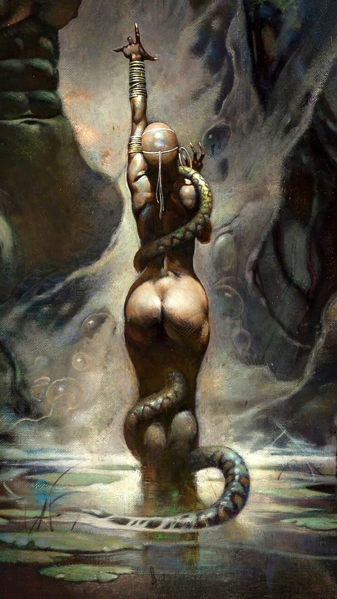 ass_focus back back_view bald_female cropped_image dark-skinned_female frank_frazetta jewelry jewelry_only nude_female snake swamp