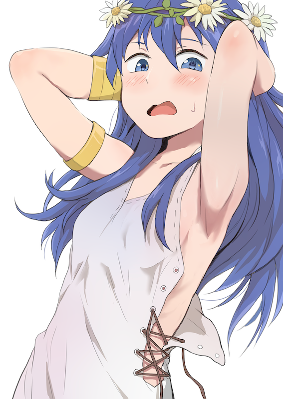 1girls alternate_costume armpits arms_up blue_eyes blue_hair blush fire_emblem fire_emblem_awakening fire_emblem_heroes flower flower_in_hair hair_flower kuhuku006f86 looking_at_viewer lucina_(fire_emblem) lucina_(valentine)_(fire_emblem) nintendo official_alternate_costume small_breasts sweatdrop symbol-shaped_pupils wardrobe_malfunction