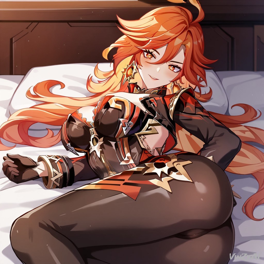 ai generated, ass, big ass, big breasts, breasts, embarrassed, female, female only, genshin impact, in bed, long hair, mavuika (genshin impact), natlan girls, red hair, solo, solo female, thick thighs, thighs