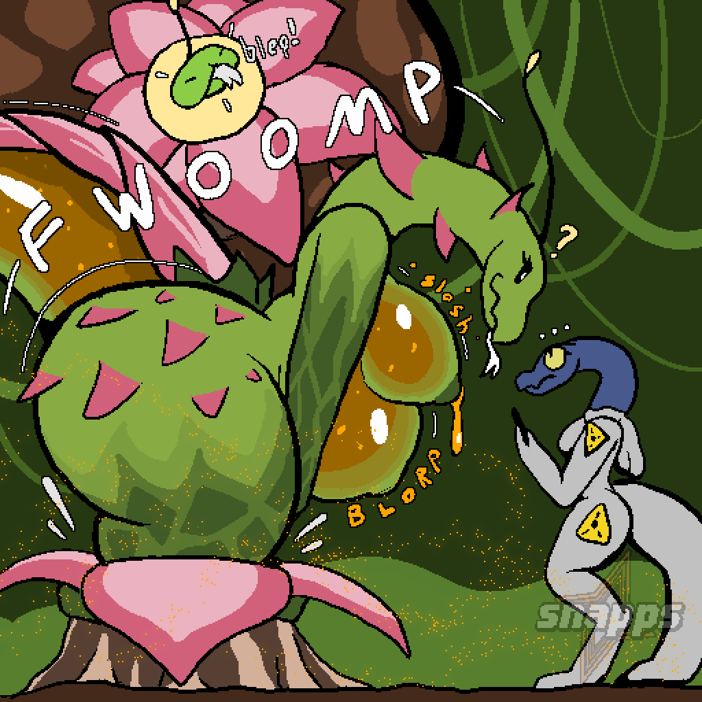 ass belly big_belly big_breasts big_butt big_tail breasts duo english_text female huge_belly huge_butt hybrid onomatopoeia plant_monster reptile scalie signature size_difference sloshing_belly sloshing_breasts snake snapps sound_effects tail text wide_hips