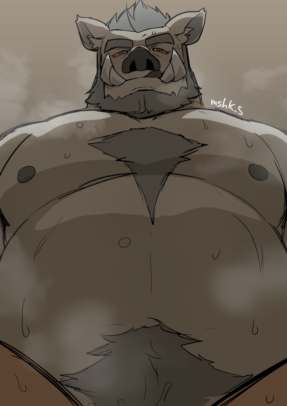 1boy :q bara beard big_belly blush boar_boy character_request chest_tuft completely_nude extra_tusks facial_hair fat fat_man from_below full_beard grey_fur grey_hair huge_eyebrows large_pectorals long_tusks looking_at_viewer male_focus masa_(mshk_s) mature_male muscular muscular_male navel navel_hair nipples nude pectorals pov pov_crotch sex short_hair solo_focus steaming_body stomach sweat taker_pov thick_beard tokyo_afterschool_summoners tongue tongue_out very_sweaty y'golonac_(housamo)