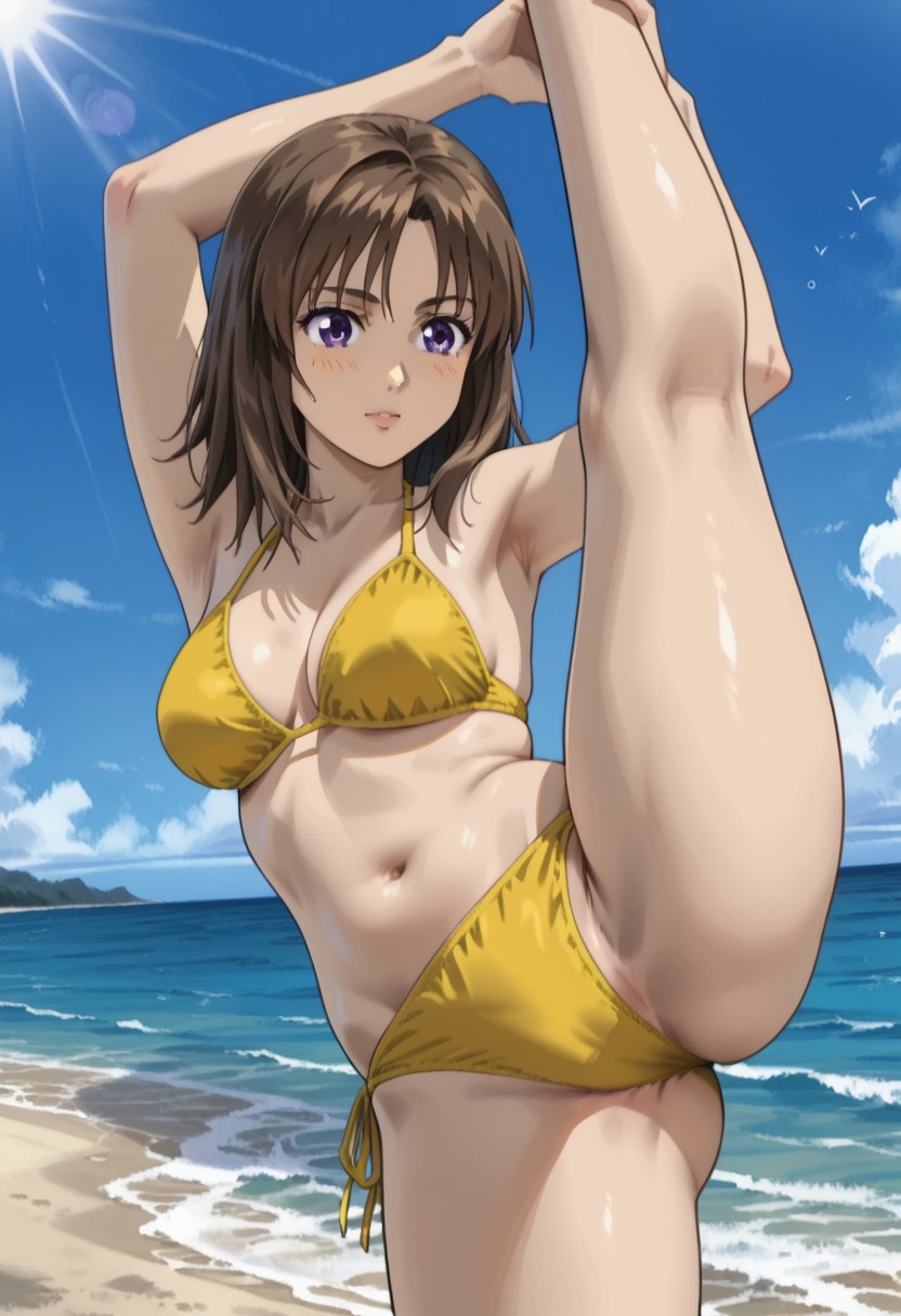 ai_generated beach brown_hair cowboy_shot female initial_d kyoko_iwase leg_hold leg_lift medium_breasts medium_hair ocean purple_eyes solo standing_on_one_leg standing_split sunshine yellow_bikini