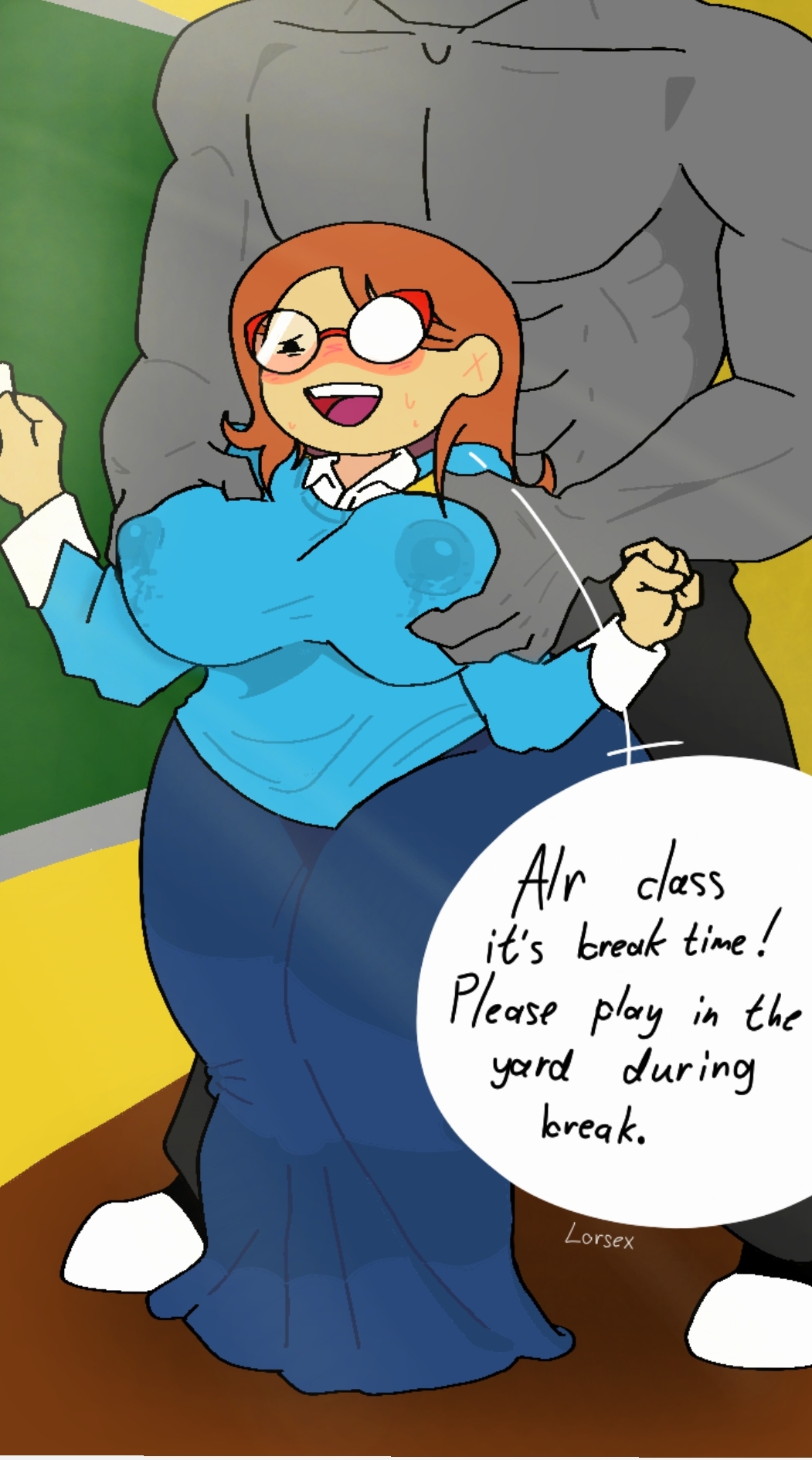 big ass, big breasts, breast grab, classroom, dialogue, kindergarten (game), kindergarten 3, lorsex, ms. lovelett, text