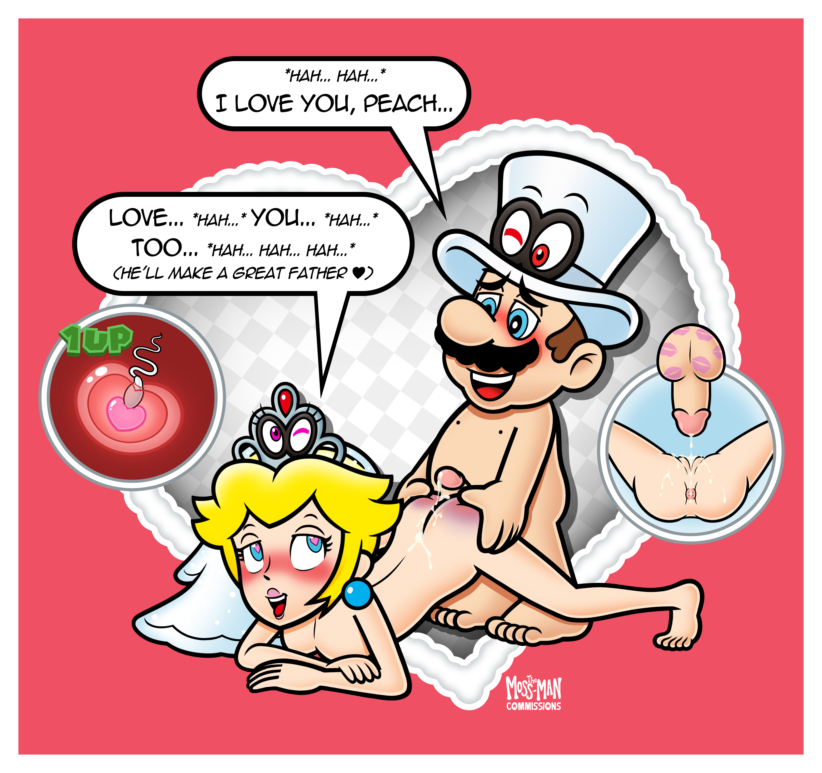 accurate art style, bruised ass, cappy (mario), happy sex, impregnation, mario, mario (series), naked female, naked male, nintendo, princess peach, sex, spanked ass, sperm meets ovum, squeezing ass, the moss-man, tiara (mario), wholesome