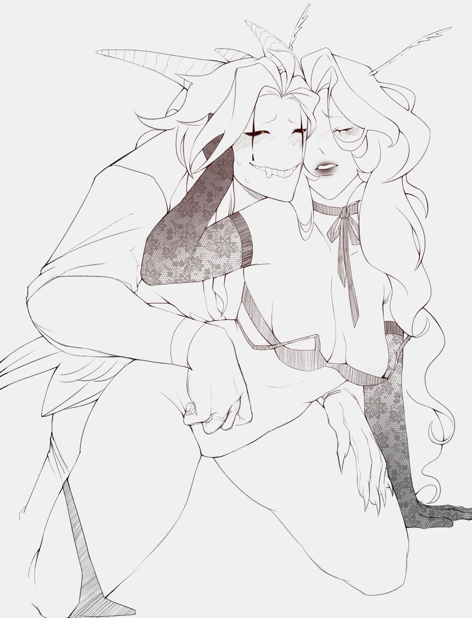 3 horns, antennae, blush, blush lines, bow choker, bra down, choker, clawed fingers, clawed hands, claws, closed eyes, commission, commission art, drool, drooling, fairy, hand on cheek, hand on thigh, lace gloves, leaning on another, leaning on person, lingerie, lingerie only, lipstick, long gloves, long hair, long hair female, long hair male, male, monster, monster boy, monster on female, obsessed, obsessed male, obsession, oneirocorrp, original character, panties around one leg, pierrot (the freak circus), ribbon choker, sharp claws, sketch, sweat, sweatdrop, sweating, sweaty, sweaty face, the freak circus, wings