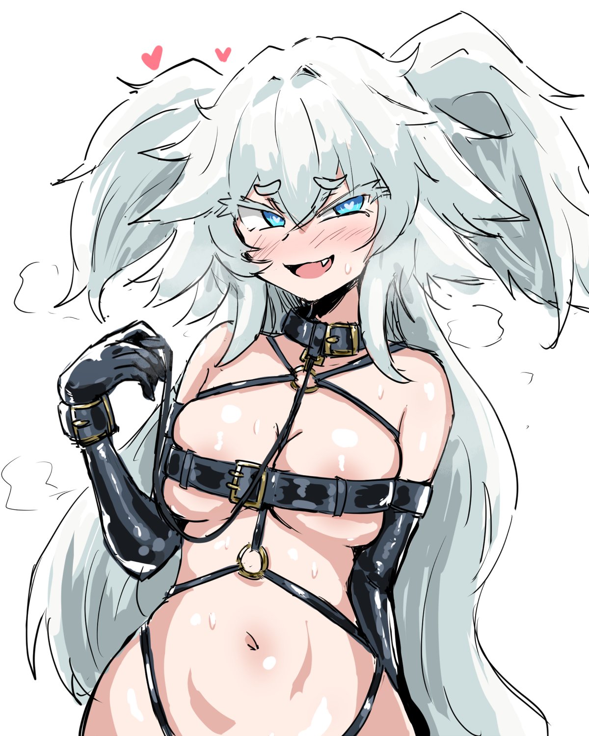 1girls, blue eyes, blue hair, blush, bondage, bondage gear, breasts, collar, elbow gloves, fang, feet out of frame, female, female only, florence (girls' frontline 2), geist43195783, girls' frontline, girls' frontline 2: exilium, gloves, heart, heart-shaped pupils, leash, long hair, looking at viewer, medium breasts, navel, open mouth, pa-15 (girls' frontline), steam, steaming body, sweat, sweatdrop, twintails, upper body