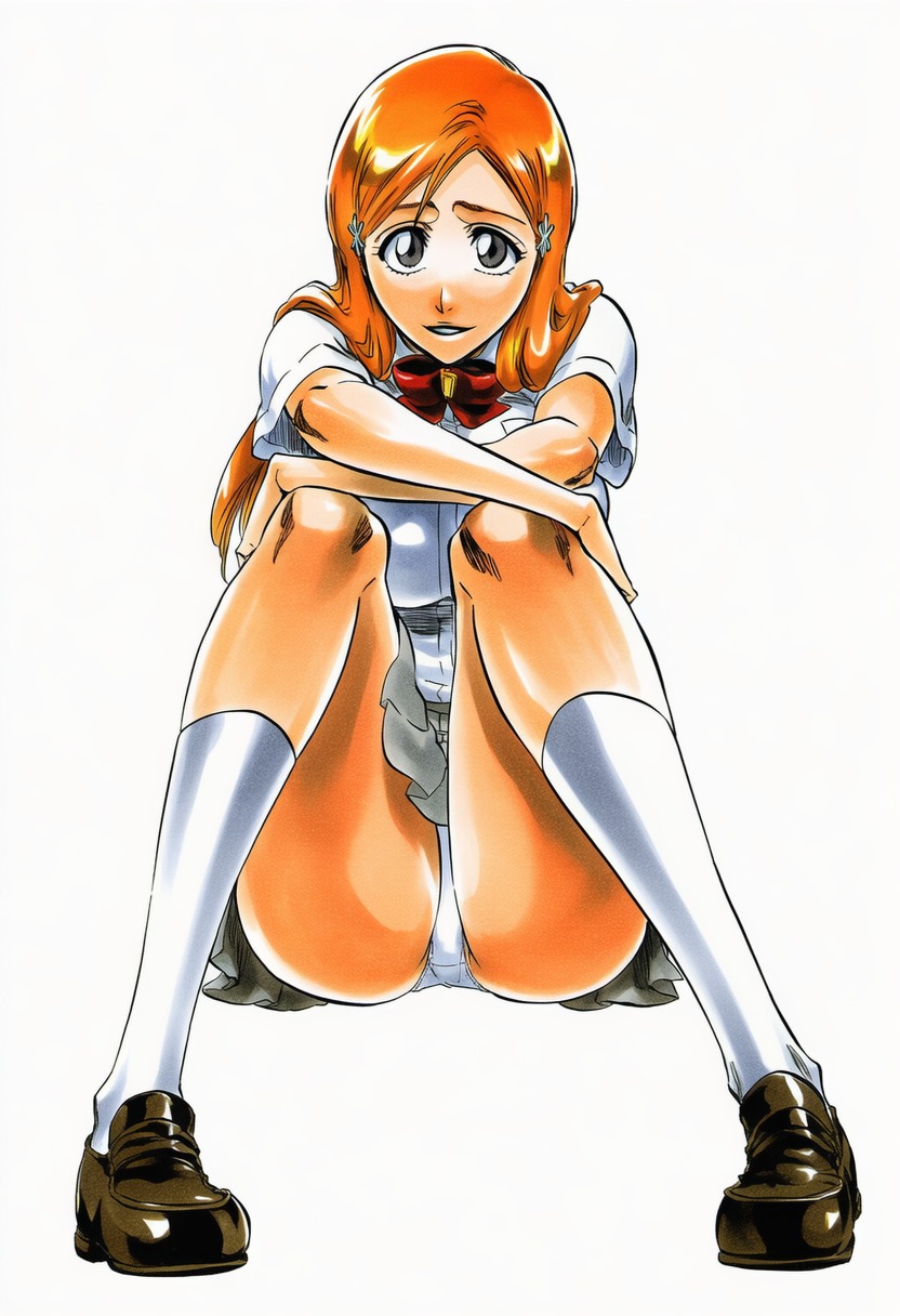 1girls, accurate art style, accurate body type, ai generated, ass visible through thighs, big breasts, bleach, blush, bow, bowtie, breasts, brown footwear, busty, cel shading, clothing, collared shirt, curvaceous, curvy, female, female focus, female only, footwear, front view, full body, full color, glossy, grey eyes, grey skirt, hair ornament, hairclip, happy, high resolution, highres, inoue orihime, kneehighs, knees up, large breasts, line art, loafers, long hair, long legs, looking at viewer, m legs, manga style, marker (medium), neck ribbon, orange hair, panties, pantsu, pantyshot, parted lips, pleated skirt, pocket, red bow, red bowtie, red ribbon, school uniform, shiny hair, shiny skin, shirt, shoes, short sleeves, simple background, sitting, sitting on floor, sitting on ground, skirt, smile, socks, solo, solo female, solo focus, teeth, thick thighs, thighs, tite kubo style, traditional media, underwear, uniform, upskirt, warm colors, warm lighting, white background, white panties, white shirt, white socks, ㅇㅇ