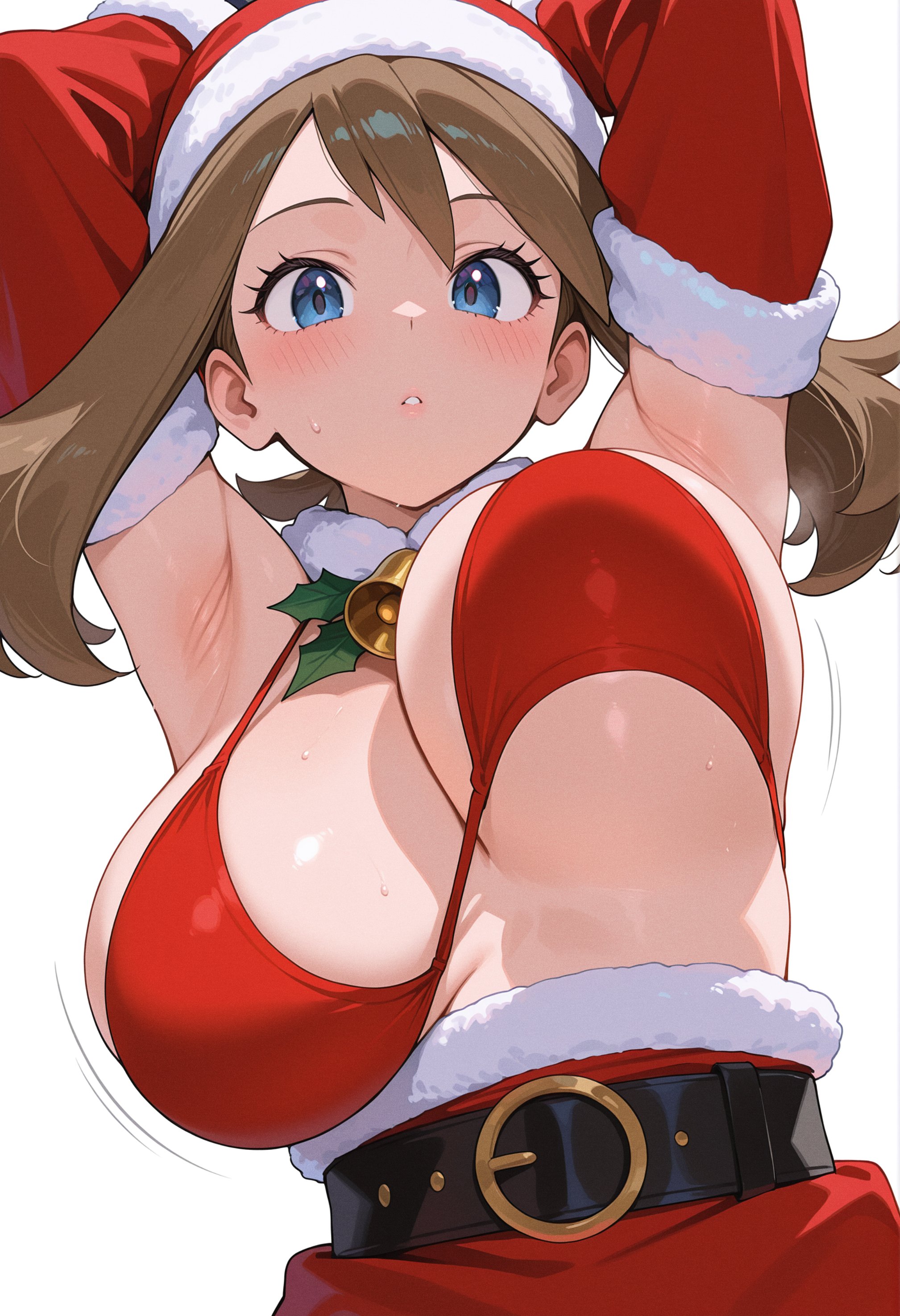 1girls, ai generated, armpits, arms up, bangs, belt, bikini, bikini top, blue eyes, blush, breasts, brown hair, christmas, christmas outfit, detached sleeves, female, fur trim, hat, large breasts, long hair, looking at viewer, may (pokemon), nintendo, owari wan, parted lips, pokemon, pokemon rse, red bikini, santa hat, solo, swimsuit, upper body