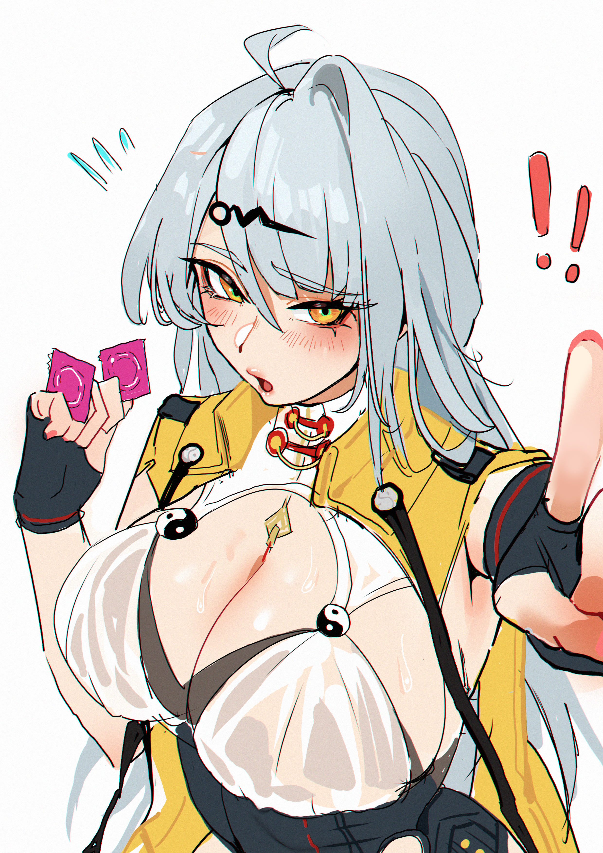 !!, 1girls, 2025, absurd res, absurdres, ahoge, black gloves, blush, breasts, cleavage, clothed female, condom, eyebrows visible through hair, female, female focus, female only, fingerless gloves, gloves, haat, hair between eyes, hoyoverse, hvvt, large breasts, long hair, looking at viewer, mihoyo, open mouth, pointing, silver hair, solo, sweatdrop, yellow eyes, yi zhi ai xi, yixuan (zenless zone zero), zenless zone zero