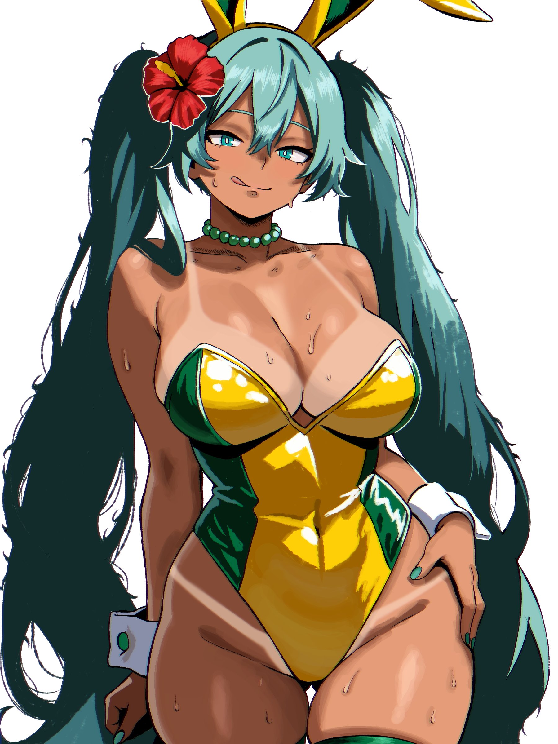 :q, 1girl, absurdly long hair, absurdres, alternate breast size (larger), animal ear hairband, animal ears, aqua eyes, aqua hair, aqua nails, ass visible through thighs, bare shoulders, bead choker, bead necklace, beads, brazilian miku, breasts, cleavage, collarbone, commentary, covered navel, cowboy shot, curvy, dark skin, dark-skinned female, double-parted bangs, english commentary, enji masterpie, fake animal ears, female, flower, hair between eyes, hair flower, hair ornament, hairband, hand on hip, hand on own hip, hatsune miku, highleg, highleg leotard, highres, huge breasts, jewelry, large breasts, leotard, licking lips, long hair, looking at viewer, multicolored leotard, nail polish, necklace, playboy bunny, rabbit ear hairband, rabbit ears, simple background, smile, solo, strapless, strapless leotard, sweat, tan, tanlines, thick thighs, thigh gap, thigh strap, thighhighs, thighs, tongue, tongue out, twintails, two-tone leotard, very long hair, vocaloid, white background, white wrist cuffs, wrist cuffs