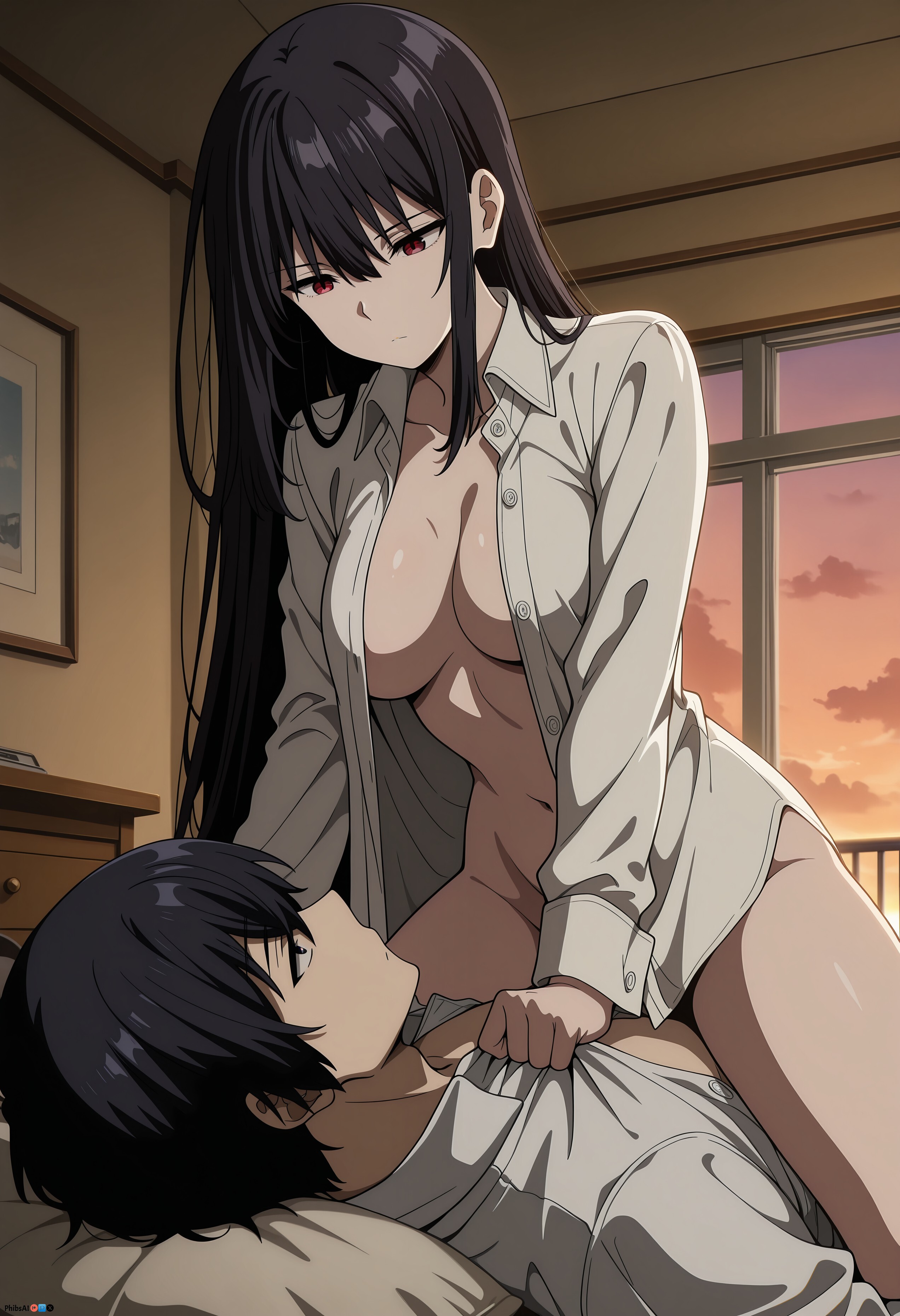 1boy, ai generated, bangs, bed, bed sheet, bedroom, black eyes, black hair, breasts, cid kagenou, claire kagenou, cleavage, closed mouth, collarbone, collared shirt, cowgirl position, dress shirt, dutch angle, eyebrows visible through hair, female, hair between eyes, indoors, lap pillow, large breasts, long hair, long sleeves, looking at another, lying, medium breasts, naked shirt, navel, on back, on bed, open clothes, open shirt, phibsai, pillow, red eyes, shirt, sidelocks, sitting, straddling, the eminence in shadow, white shirt, window