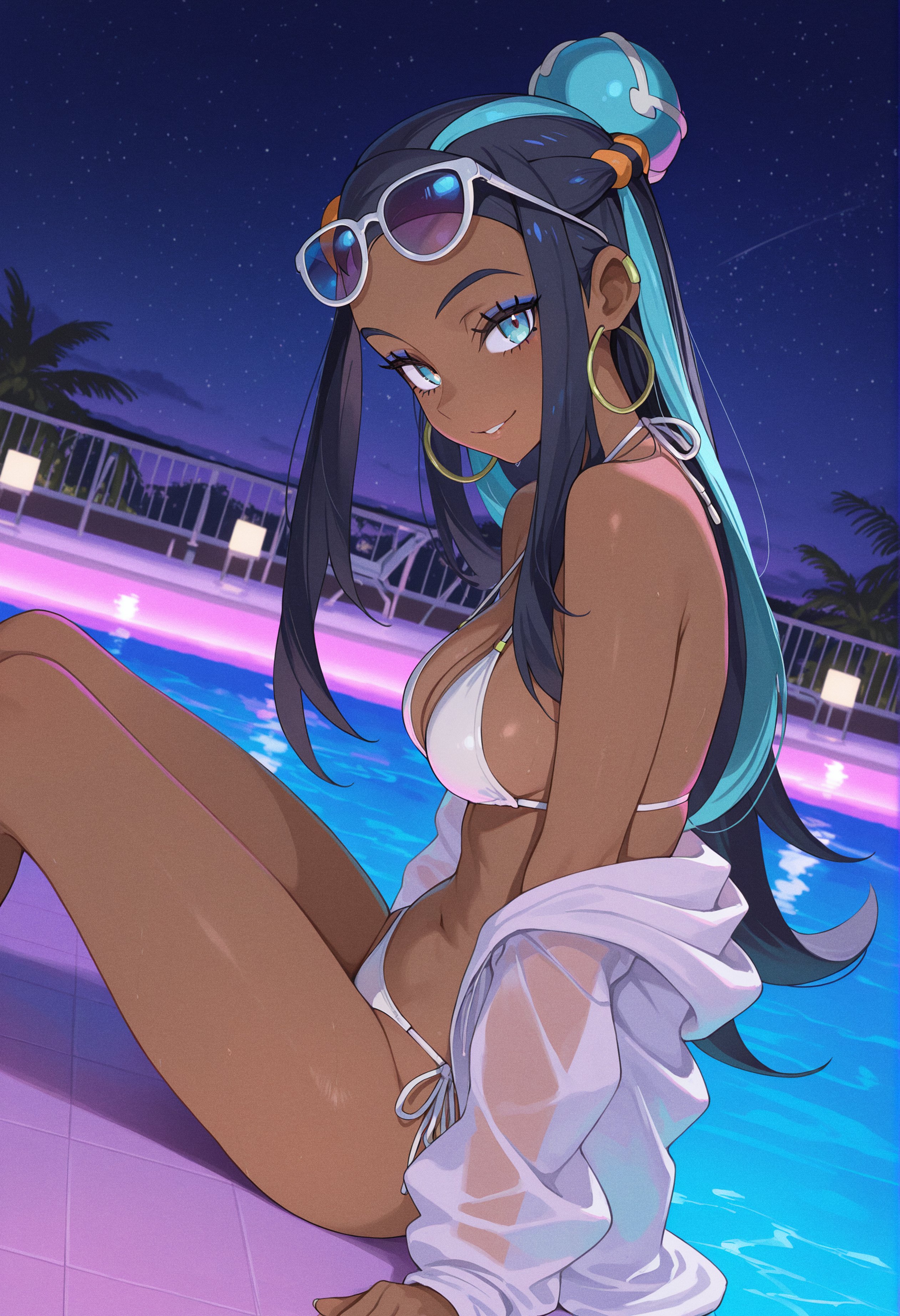1girls, ai generated, beach, bikini, black hair, blue eyes, blue hair, breasts, dark skin, dark-skinned female, earrings, eyeliner, eyewear on head, female, forehead, hair bun, hoop earrings, jewelry, long hair, looking at viewer, makeup, multicolored hair, navel, nessa (pokemon), night, night sky, outdoors, owari wan, palm tree, pokemon, pokemon ss, pool, poolside, side-tie bikini, sitting, sky, smile, solo, star (sky), starry sky, swimsuit, tree, two-tone hair, water, white bikini