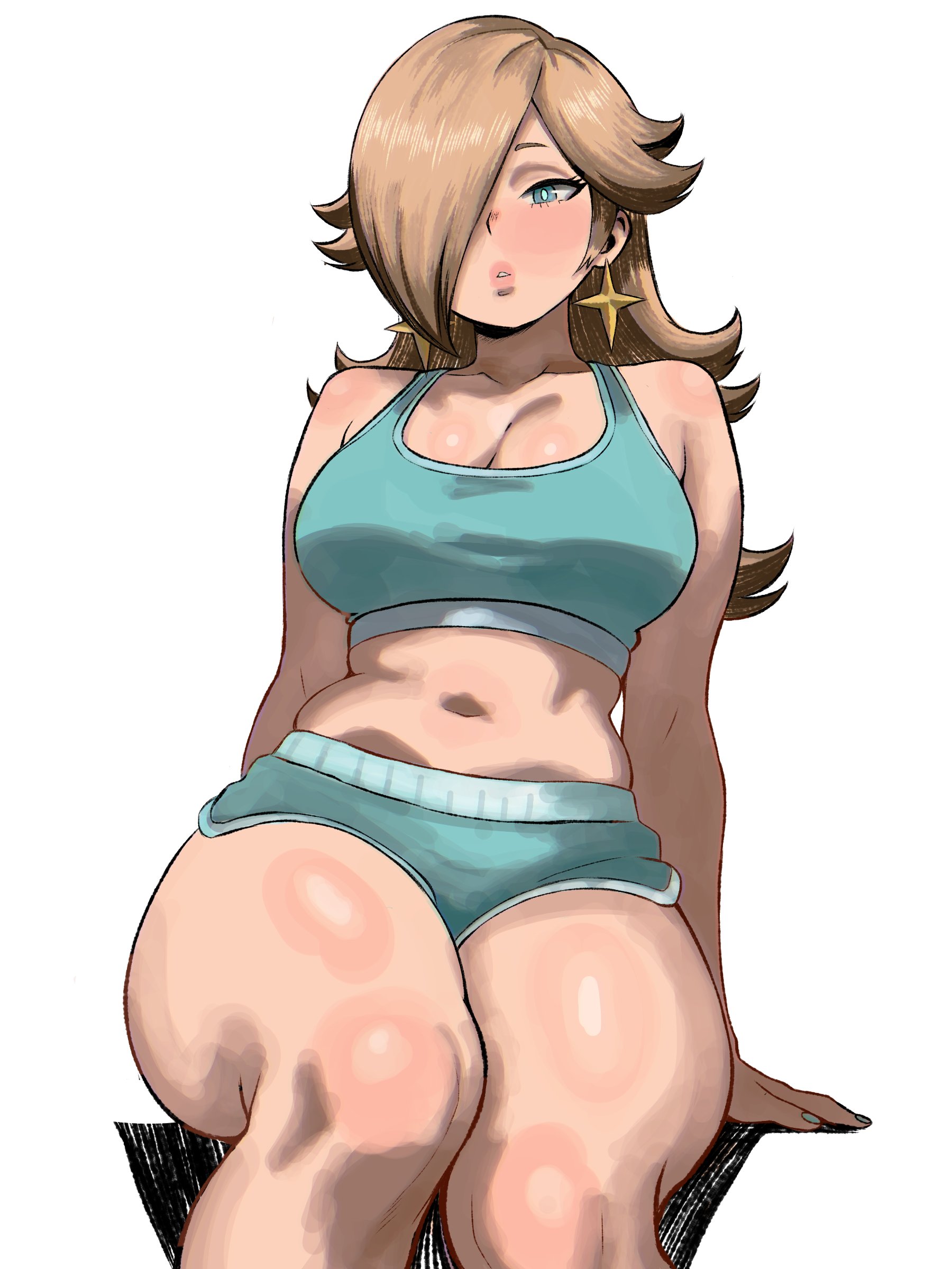 1girls, absurdres, alternate breast size (larger), big breasts, blonde hair, blue eyes, blush, blushing, breasts, cleavage, commentary, dolphin shorts, earrings, english commentary, enji masterpie, female, female only, hair over one eye, half-closed eyes, highres, hourglass figure, jewelry, large breasts, long hair, mario (series), navel, princess rosalina, rosalina, short shorts, shorts, sitting, solo, solo female, sports bra, thick, thick thighs, thighs, white background, wide hips