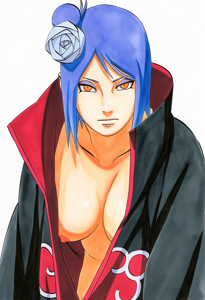 1girls, accurate art style, accurate body type, ai generated, areola, areola slip, areolae, big breasts, blue hair, breast slip, breasts, cel shading, cloak, clothed, collarbone, exposed breasts, eyeshadow, female, female focus, female only, flower, flower in hair, front view, hair flower, hair ornament, hairbun, high resolution, highres, konan, labret piercing, large breasts, light skin, light-skinned female, line art, lip piercing, looking at viewer, makeup, manga style, masashi kishimoto style, naruto, naruto (series), naruto shippuden, nipple slip, nipples, no bra, open clothes, orange eyes, piercing, robe, shiny skin, short hair, simple background, single hair bun, solo, solo female, solo focus, standing, upper body, white background, ㅇㅇ