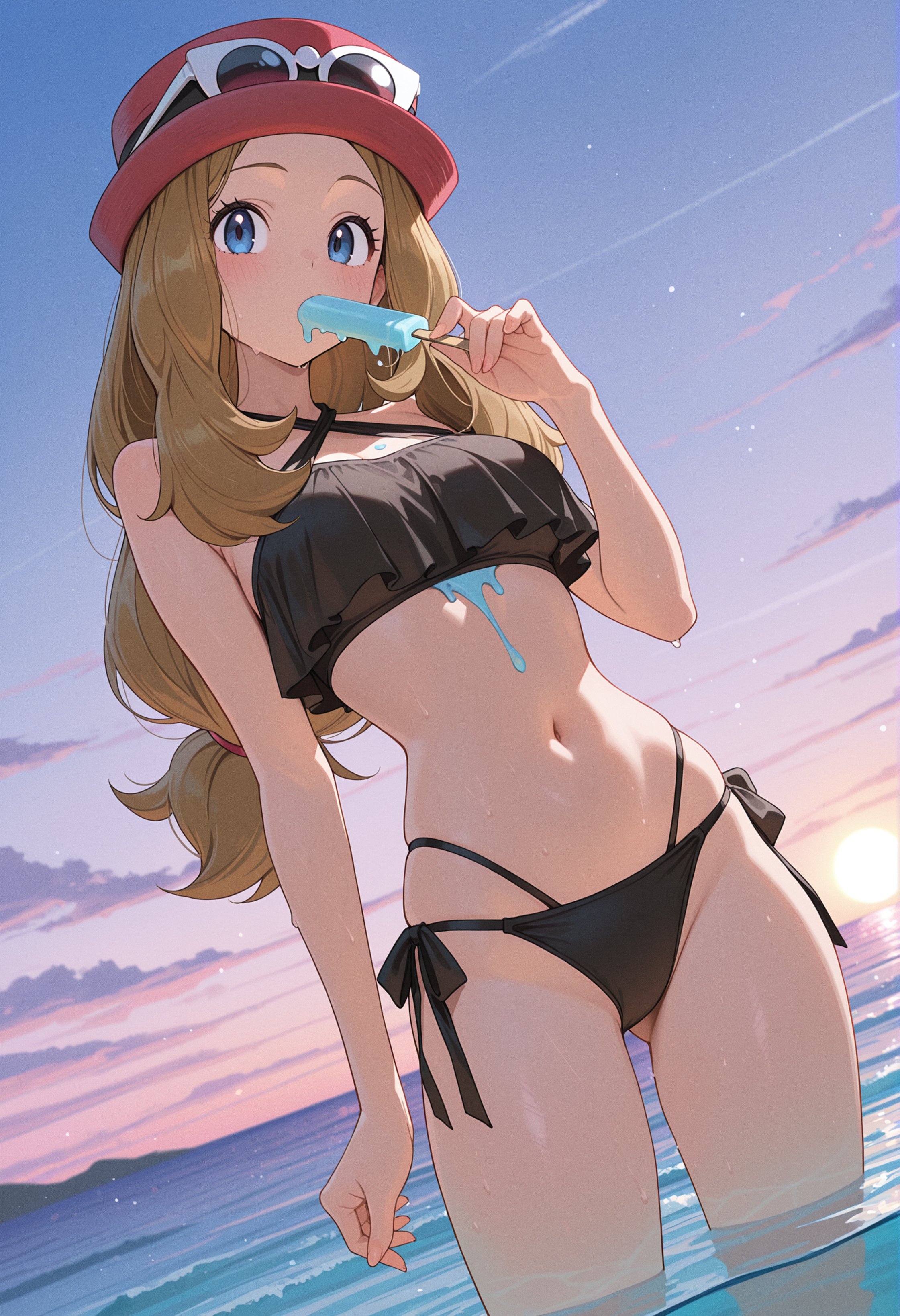 1girls, ai generated, bare shoulders, bikini, black bikini, blonde hair, blue eyes, blush, breasts, female, food, hat, honey hair, long hair, looking at viewer, navel, ocean, outdoors, owari wan, pokemon, pokemon xy, popsicle, serena (pokemon), side-tie bikini, sky, solo, standing, stomach, swimsuit, wading, water, wet
