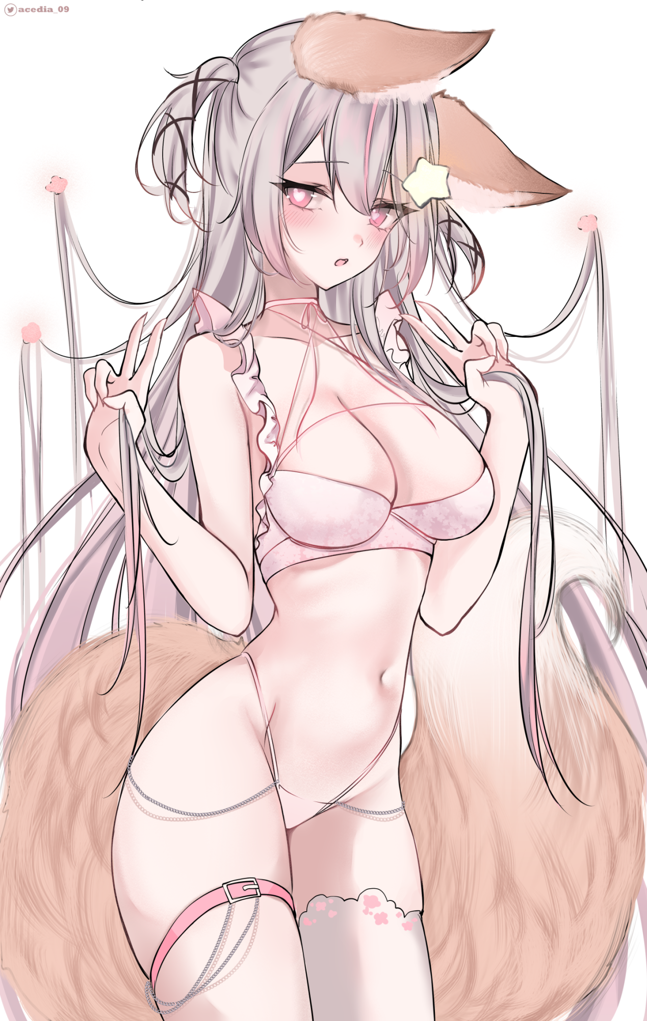 acedia, animal ear fluff, animal ears, annytf, asymmetrical legwear, blush, bra, breasts, bug, chains, cleavage, double v, ears down, female, firefly, fox ears, fox girl, fox tail, frilled bra, frills, grey hair, hair lift, hair ornament, halterneck, highleg, highres, hips, holding, holding own hair, indie virtual youtuber, large breasts, long hair, looking at viewer, multicolored hair, navel, open mouth, paid reward available, panties, pink bra, pink eyes, pink panties, solo, star (symbol), star hair ornament, stomach, streaked hair, string panties, tail, thigh strap, thighhighs, thighs, twitter username, underwear, underwear only, v, very long hair, virtual youtuber