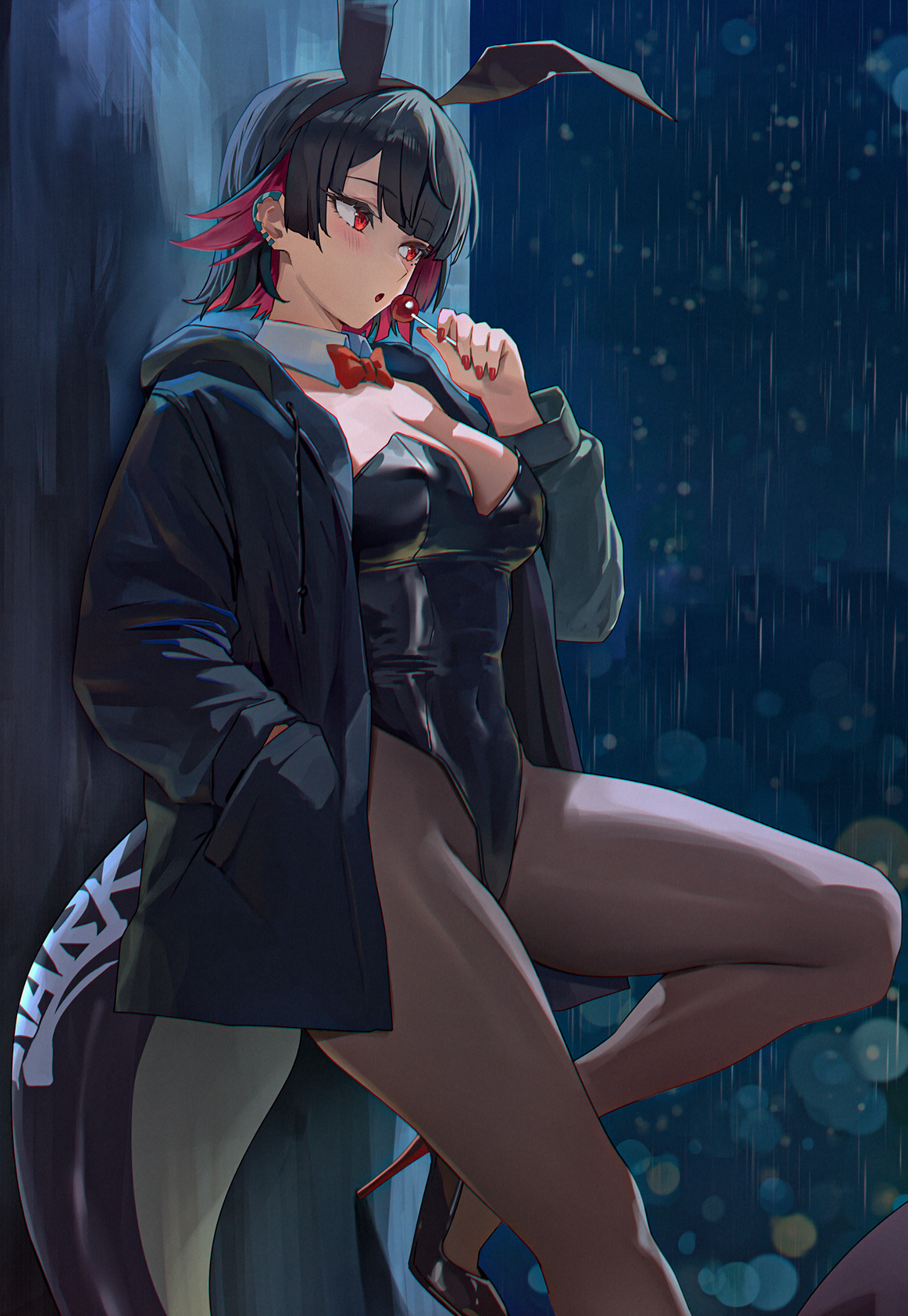 1girls, ai generated, amiki yuzuru, animal ears, big breasts, black hair, black jacket, black leotard, black pantyhose, blush, bow, bowtie, breasts, candy, cleavage, colored inner hair, commentary, covered navel, detached collar, ear piercing, ellen joe, english commentary, fake animal ears, female, female only, fins, fish tail, food, hand in pocket, high heels, highleg, highleg leotard, highres, holding, holding candy, holding food, holding lollipop, hood, hood down, hooded jacket, jacket, leotard, lollipop, medium breasts, multicolored hair, open clothes, open jacket, pantyhose, piercing, rain, red bow, red bowtie, red eyes, red hair, shark girl, shark tail, short hair, solo, tail, thick thighs, thighs, zenless zone zero