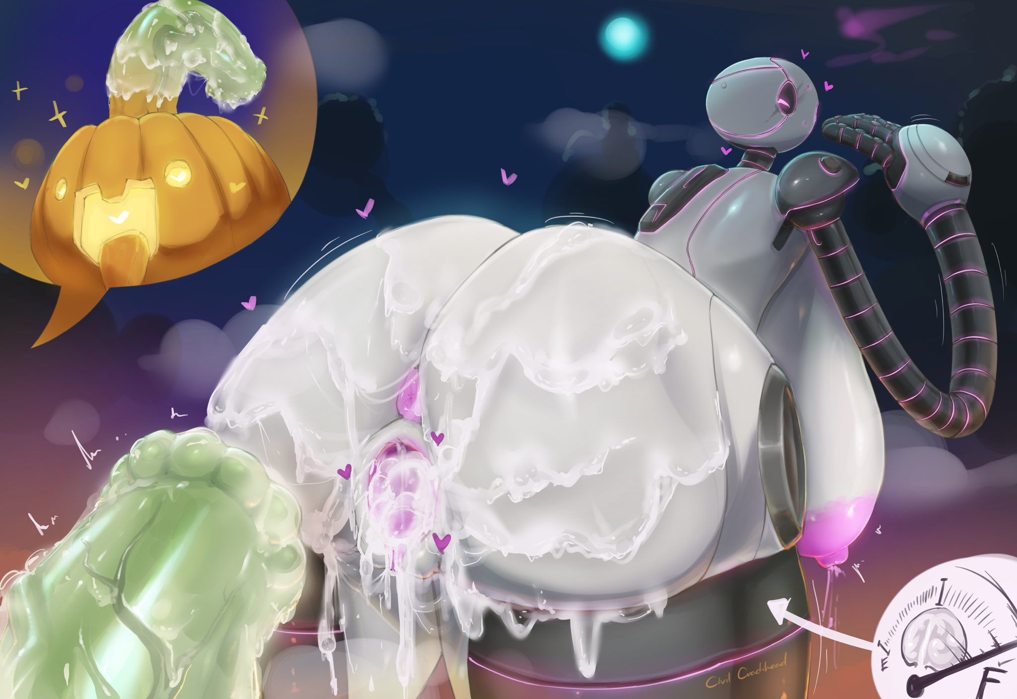 4 fingers, ass, big breasts, big butt, bodily fluids, body writing, bodypaint, breasts, civilcrackhead, clothing, curvy figure, exposed breasts, female, fingers, genital fluids, genitals, gesture, halloween, hand gesture, hat, headgear, headwear, hi res, holidays, hourglass figure, huge breasts, humanoid, machine, metallic body, multiple angles, nipple outline, nude, nude female, pubic tattoo, pumpkin, pumpkin head, pussy, robot, robot girl, robot humanoid, roz (the wild robot), solo, solo focus, tattoo, the wild robot, v sign, vaginal fluids, vulva, wet, witch hat, yellow eyes