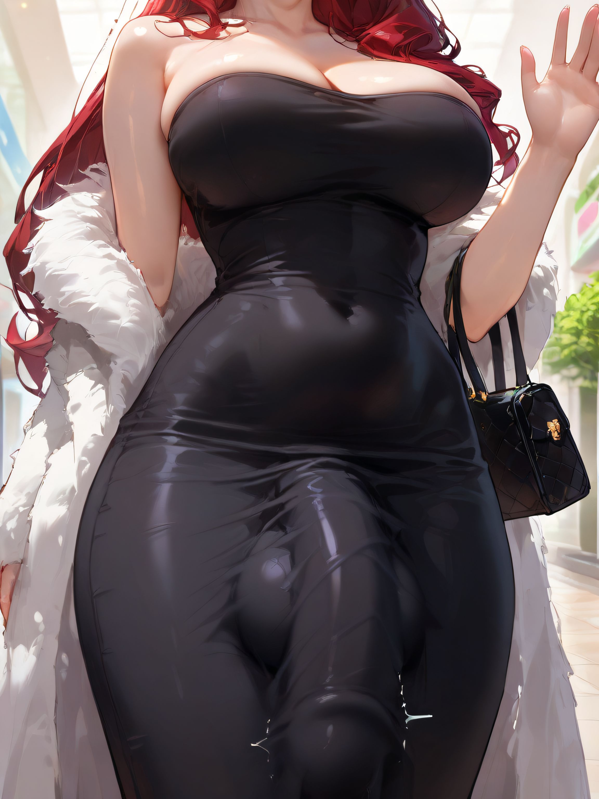 1futa, absurdres, ai generated, amiiari, arm behind back, big breasts, big penis, black dress, blush, bulge, bulge down leg, bulge through clothing, bulge under clothes, close up, detailed, dickgirl, erection under clothes, erection under clothing, erection under dress, fur coat, futanari, gigantic penis, hair over one eye, handbag, horny, horny futa, hyper penis, in heat, intersex, large breasts, long hair, long penis, lower body, mall, massive penis, mitsuru kirijo, penis outline, penis to the knees, penis under clothes, penis under dress, pov, public, red eyes, red hair, rich, skindentation, solo, solo focus, standing, stretched clothing, thick thighs, tight clothes, tight dress, voluptuous, waving, wavy hair