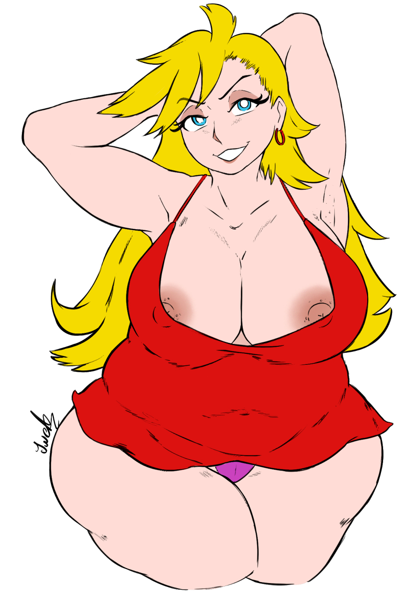 1girls, 2d, 2d (artwork), 2d artwork, aged up, angel, areola, areola slip, areolae, areolae slip, armpits, arms behind head, arms up, artist signature, big breasts, big thighs, blonde female, blonde hair, blue eyes, breasts, chubby, chubby female, cleavage, dress, earrings, erect nipples, eyelashes, female, female only, hair, hoop earrings, huge breasts, huge thighs, ineffective clothing, jwels, long hair, looking up, mature, mature female, mature woman, milf, nipples, no bra, panties, panty & stocking with garterbelt, panty anarchy, panty peek, pink panties, red dress, red earrings, simple background, smiling, solo, solo female, thick thighs, visible underwear, voluptuous, voluptuous female, white background
