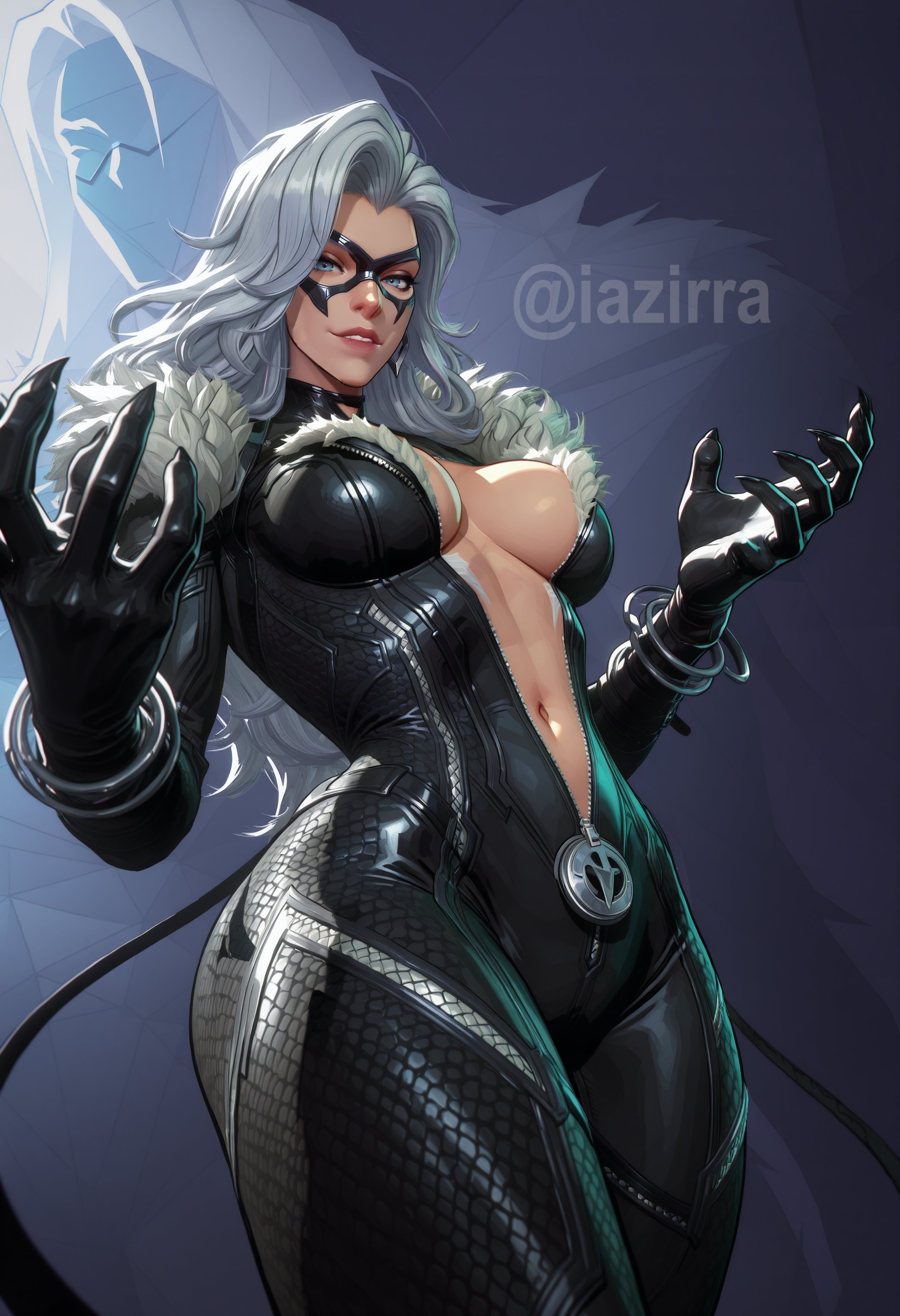 1girls, 2025, ai generated, big breasts, black cat (marvel), blue eyes, bodysuit, breasts, choker, collar, curvaceous, curvaceous body, curvaceous female, curvaceous figure, curvaceous hips, curvy, curvy body, curvy female, curvy figure, curvy hips, domino mask, eyemask, felicia hardy, female, hips, hourglass figure, huge breasts, iazirra, large breasts, light skin, light-skinned female, marvel, marvel comics, marvel rivals, marvel rivals style, mask, masked, masked female, massive breasts, open bodysuit, open clothes, seductive, seductive look, shiny body, shiny breasts, shiny clothes, shiny skin, skin tight, spider-man (series), superheroine, thick, thick breasts, thick hips, thick thighs, thief, tight clothes, tight clothing, unzipped, unzipped bodysuit, voluptuous, voluptuous female, white fur, white hair, wide hips