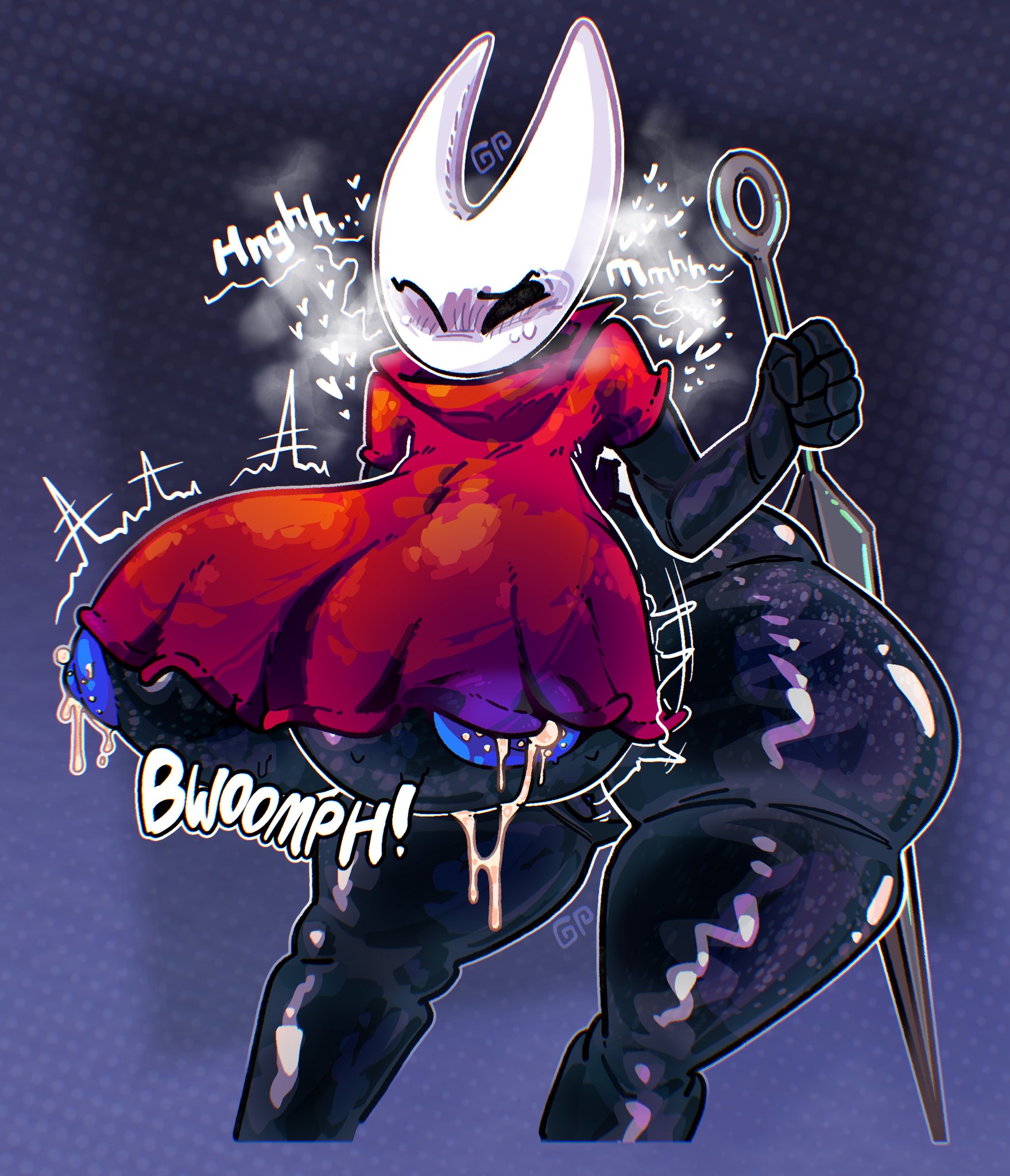 barely clothed, blue nipples, breast expansion, breasts bigger than head, bug girl, bwomp, enjoying expansion, generalplorp, hollow knight, hollow knight: silksong, hornet (hollow knight), huge ass, huge breasts, lactating, lactation, leaking milk, milk squirt, nipple slip, nipples, shiny skin, spider girl, thick thighs, trying not to lactate, wide hips, wide thighs