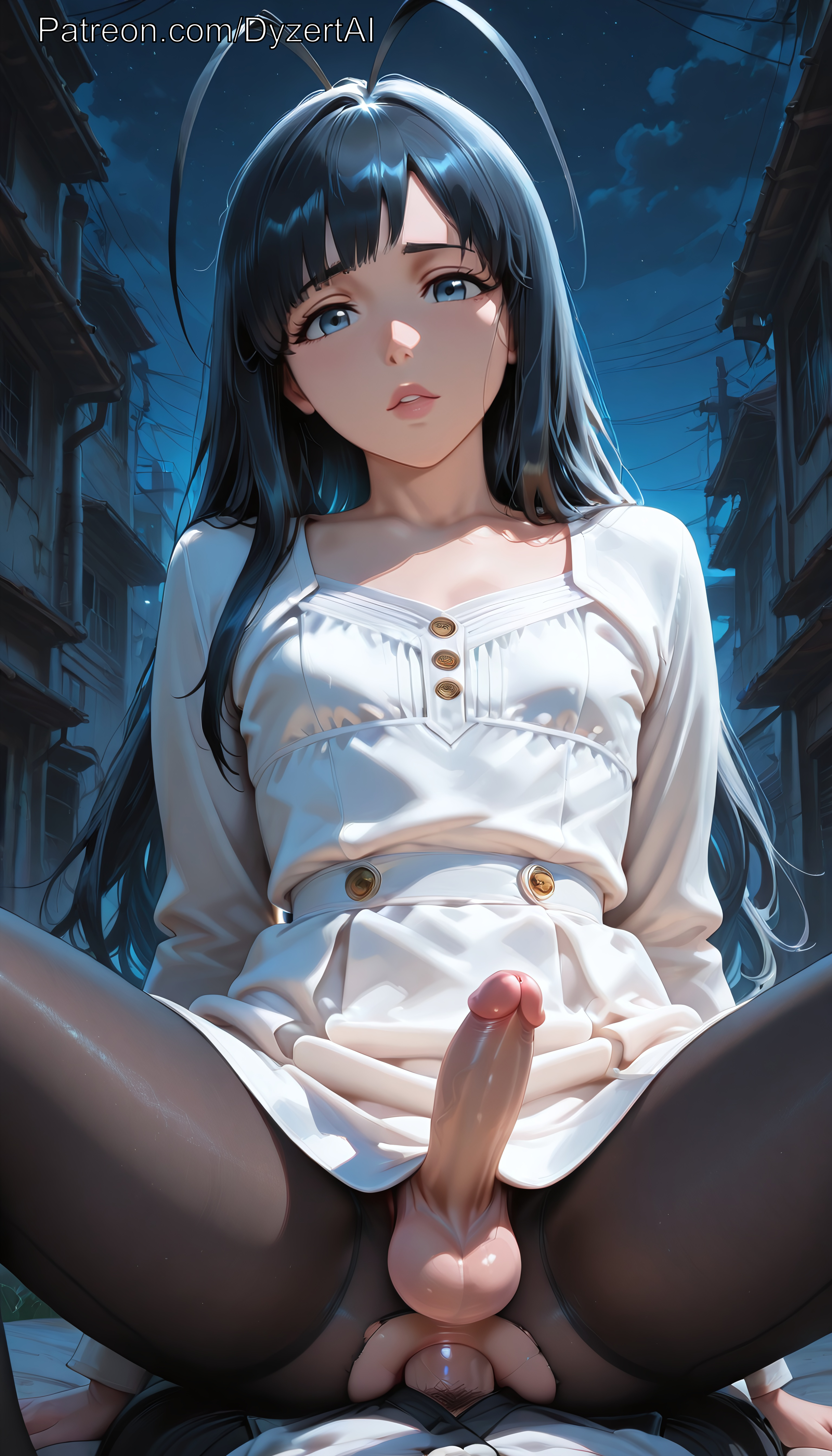 1boy, 1femboy, 2025, 2boys, ai generated, anal, anal sex, balls, black hair, black legwear, bleach, blue eyes, cock, crossdressing, duo, dyzertai, femboy, flat chest, girly, giselle gewelle, light-skinned male, long hair, looking at viewer, male, male only, multiple males, multiple penises, night, on top, otoko no ko, outdoors, patreon username, penis, riding, riding cock, riding penis, self upload, sex, testicles, thighhighs, yaoi