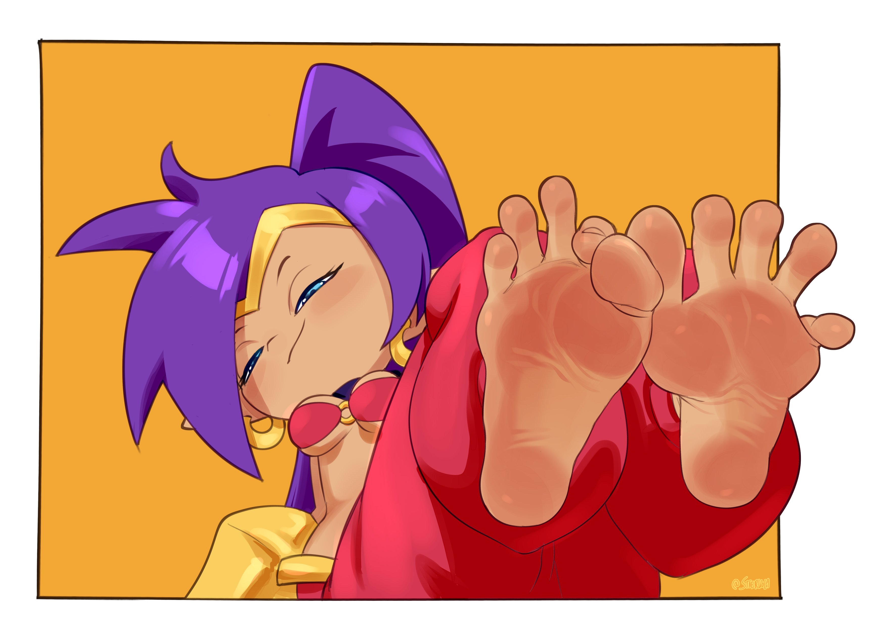 1girls, barefoot, big toes down, clothed, clothed female, feet, female, flexible toes, foot fetish, foot focus, looking at viewer, shantae, shantae (character), simple background, smirk, smirking, smirking at viewer, solo, solo female, staerk