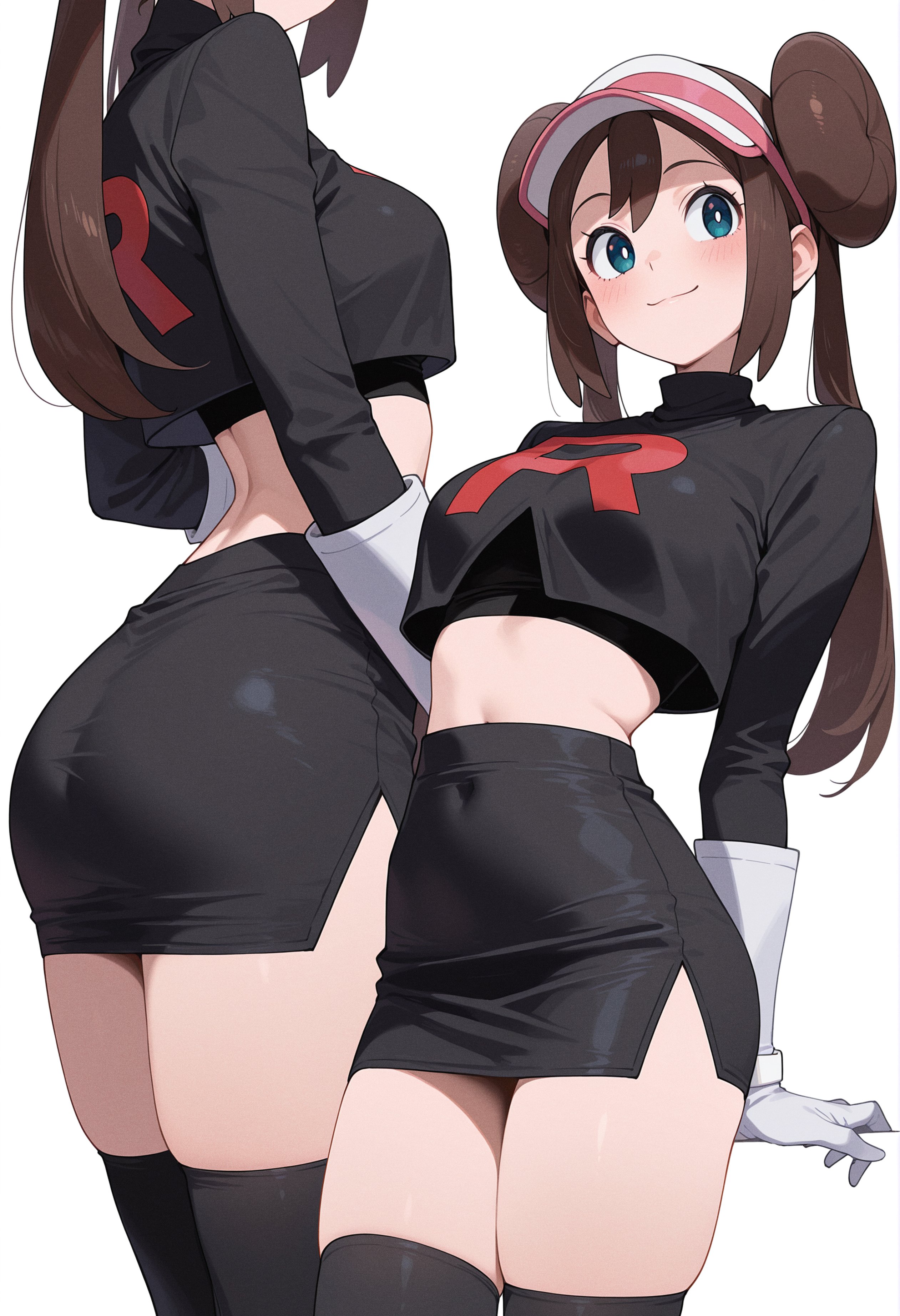 1girls, ai generated, bangs, black legwear, black skirt, blue eyes, blush, breasts, brown hair, corruption, crop top, double bun, enemy conversion, female, gloves, large breasts, long hair, long sleeves, looking at viewer, midriff, miniskirt, multiple views, navel, nintendo, owari wan, pokemon, pokemon bw2, rosa (pokemon), skirt, smile, team rocket, team rocket uniform, thighhighs, visor cap