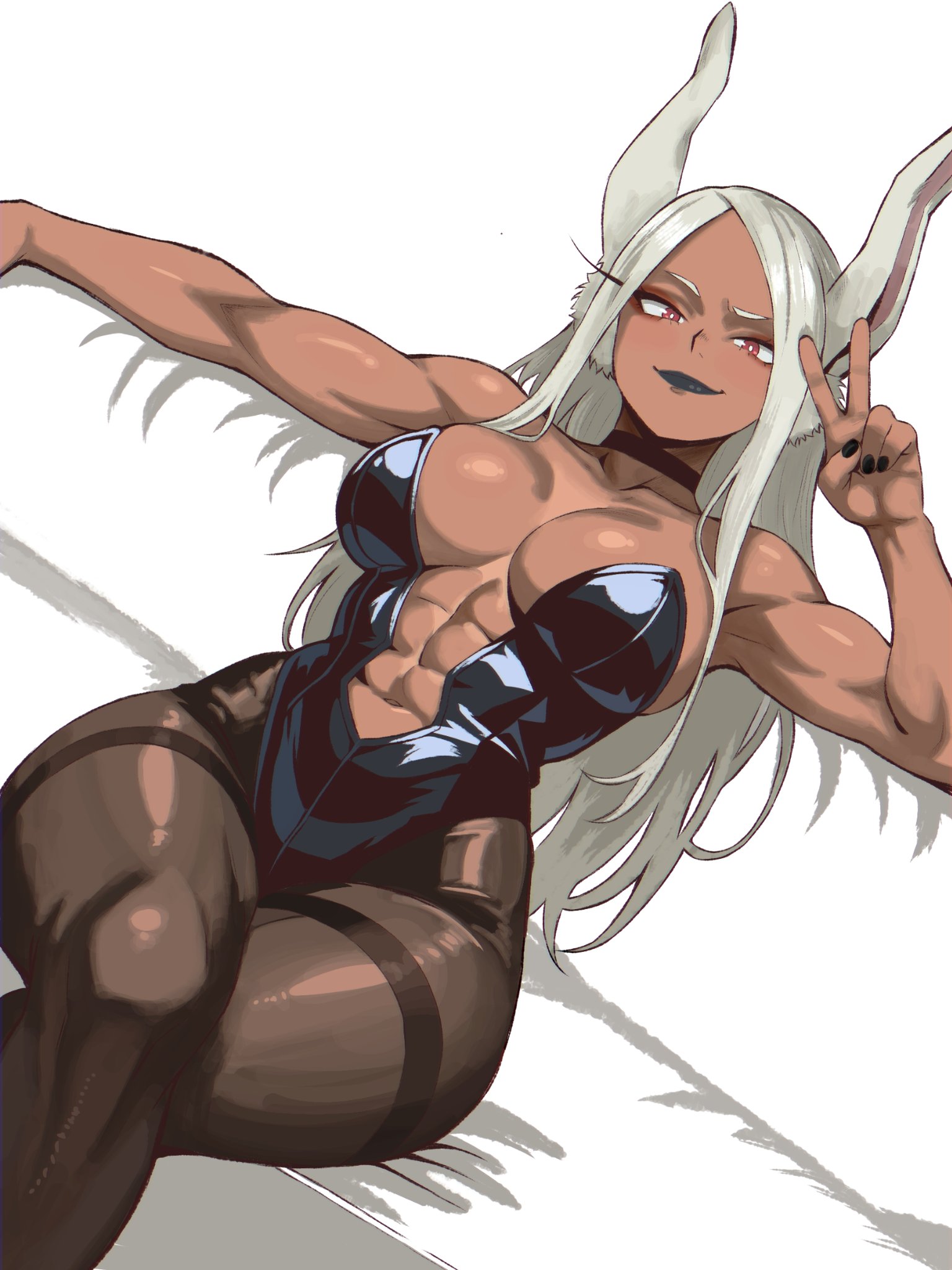1girls, abs, alternate costume, animal ears, athletic female, bare arms, bare shoulders, black choker, black leotard, black lips, black nails, boku no hero academia, breasts, bright pupils, center opening, choker, cleavage, collarbone, commentary, crossed legs, dark skin, dark-skinned female, english commentary, enji masterpie, female, fit female, hand up, highleg, highleg leotard, highres, kemonomimi, large breasts, leotard, long eyelashes, long hair, looking at viewer, mirko, miruko, muscular, muscular female, my hero academia, nail polish, navel, pantyhose, parted bangs, plunging neckline, rabbit ears, rabbit girl, red eyes, rumi usagiyama, sitting, slim waist, smile, solo, strapless, strapless leotard, thick thighs, thighband pantyhose, thighs, toned, toned female, v, very long hair, white hair, white pupils, wide hips
