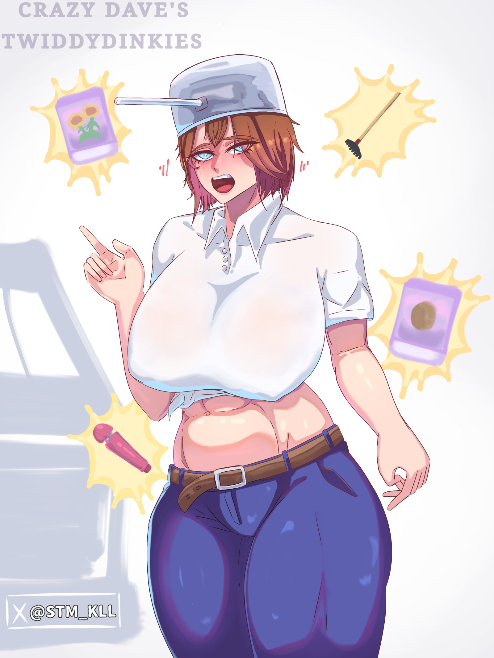 abs, crazy dave (pvz), female, huge breasts, human, nipple bulge, plants vs zombies, rule 63, solo female, stm kll, sunflower (pvz), tight clothing, twin sunflower (pvz), vibrator