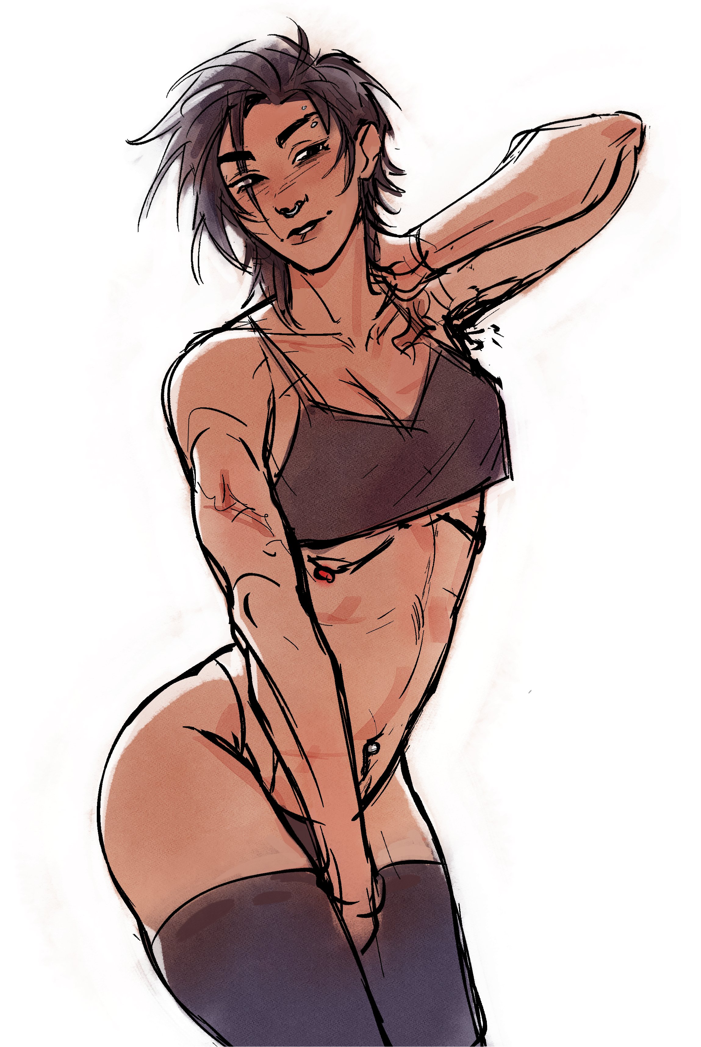1girls, altades, ass, bare shoulders, bedroom eyes, biting lip, black eyes, bra, breasts, cleavage, dark hair, dispatch (game), eyebrow piercing, female, hand between legs, hand on neck, invisigal, medium breasts, mostly nude, navel, navel piercing, piercings, posing, scar, seductive, septum piercing, short hair, smile, smirk, solo, tan body, thighhighs, thighs, thong, underwear