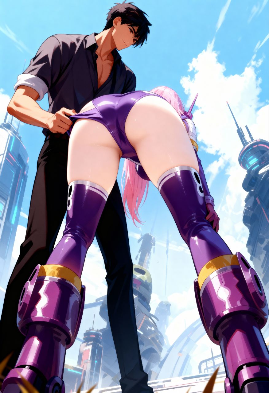 1boy, 1girls, aged up, ai generated, artist request, bending over, clothing, crossover, domination, female, futuristic, huge ass, jewelry bonney, male, male/female, one piece, pink hair, pink-haired female, solo leveling, sung jin woo