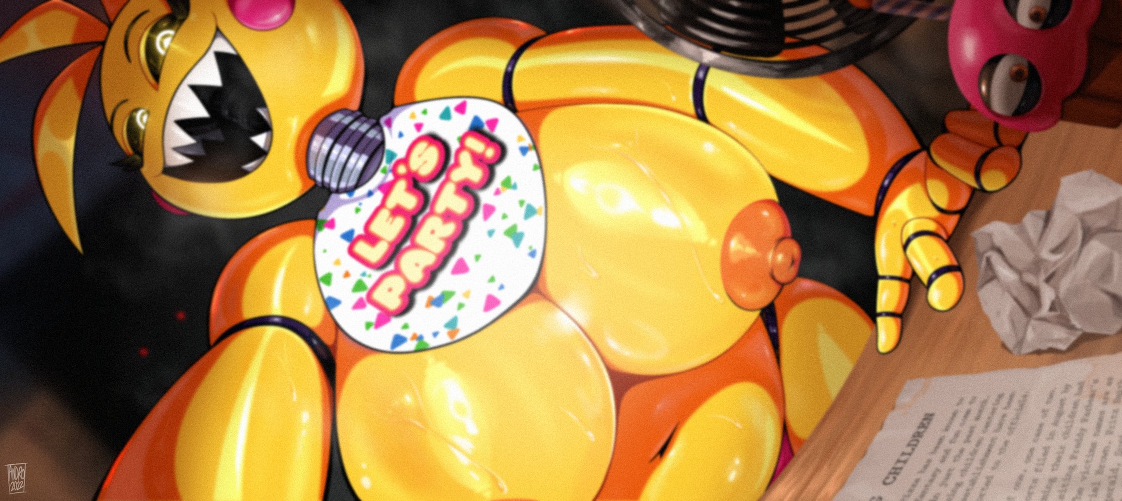 1girls, 2022, androjuniarto, animatronic, bib, big breasts, black eyes, breasts, breasts bigger than head, breasts out, chubby, chubby female, cupcake (fnaf), curvy, curvy figure, female, five nights at freddy's, five nights at freddy's 2, glowing eyes, huge breasts, looking at viewer, office, panties, panties peek, pink panties, smile, smiling, smiling at viewer, solo, suggestive, suggestive look, toy chica (fnaf), white pupils, yellow body