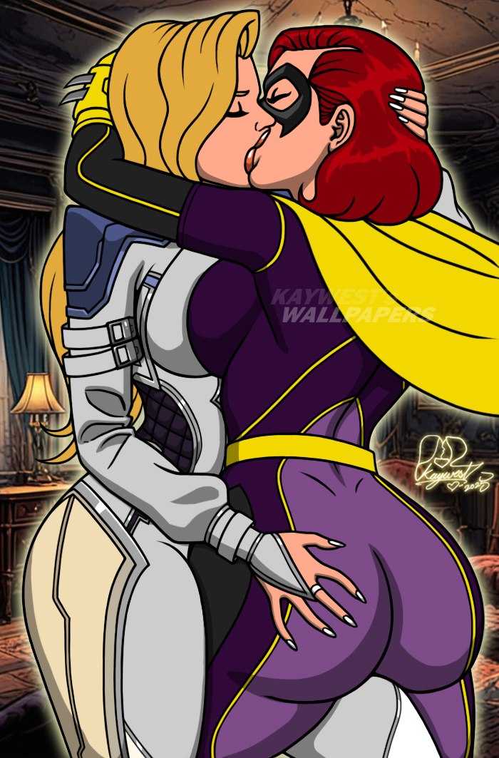 2girls, ass focus, ass grab, barbara gordon, batgirl, batgirl (barbara gordon), batgirl (gotham knights), batman (series), blonde hair, crossover, dagger (marvel rivals), dagger (marvel), dc, dc comics, duo, female, female only, gotham knights, kaywest, kissing, lesbian kiss, light-skinned female, marvel, marvel comics, marvel rivals, red hair, tandy bowen, yuri