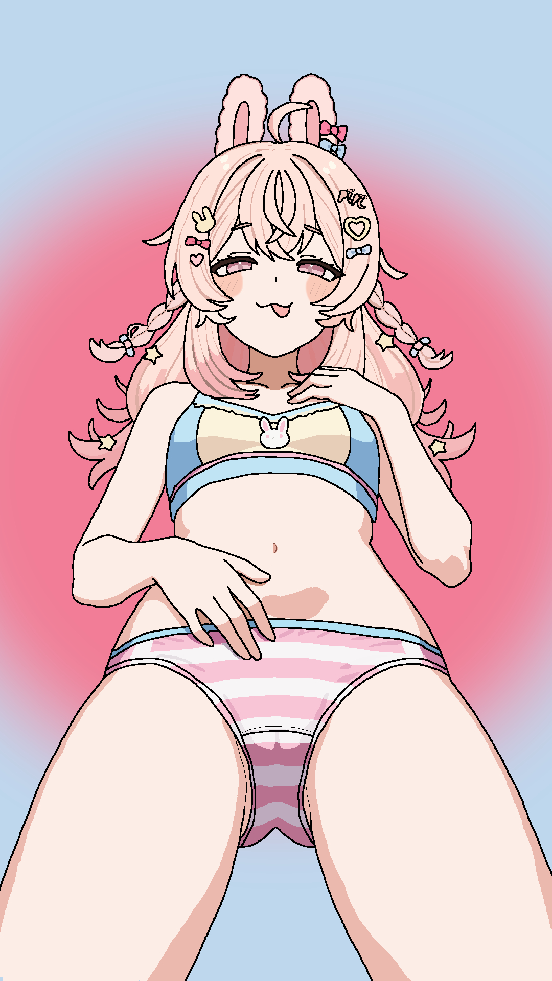 bunny ears, bunny girl, phase connect, pink hair, pipkin pippa, red eyes, stripped panties, tounge out, tummy, twitter, underwear, virtual youtuber, vtuber, vtuberfanart