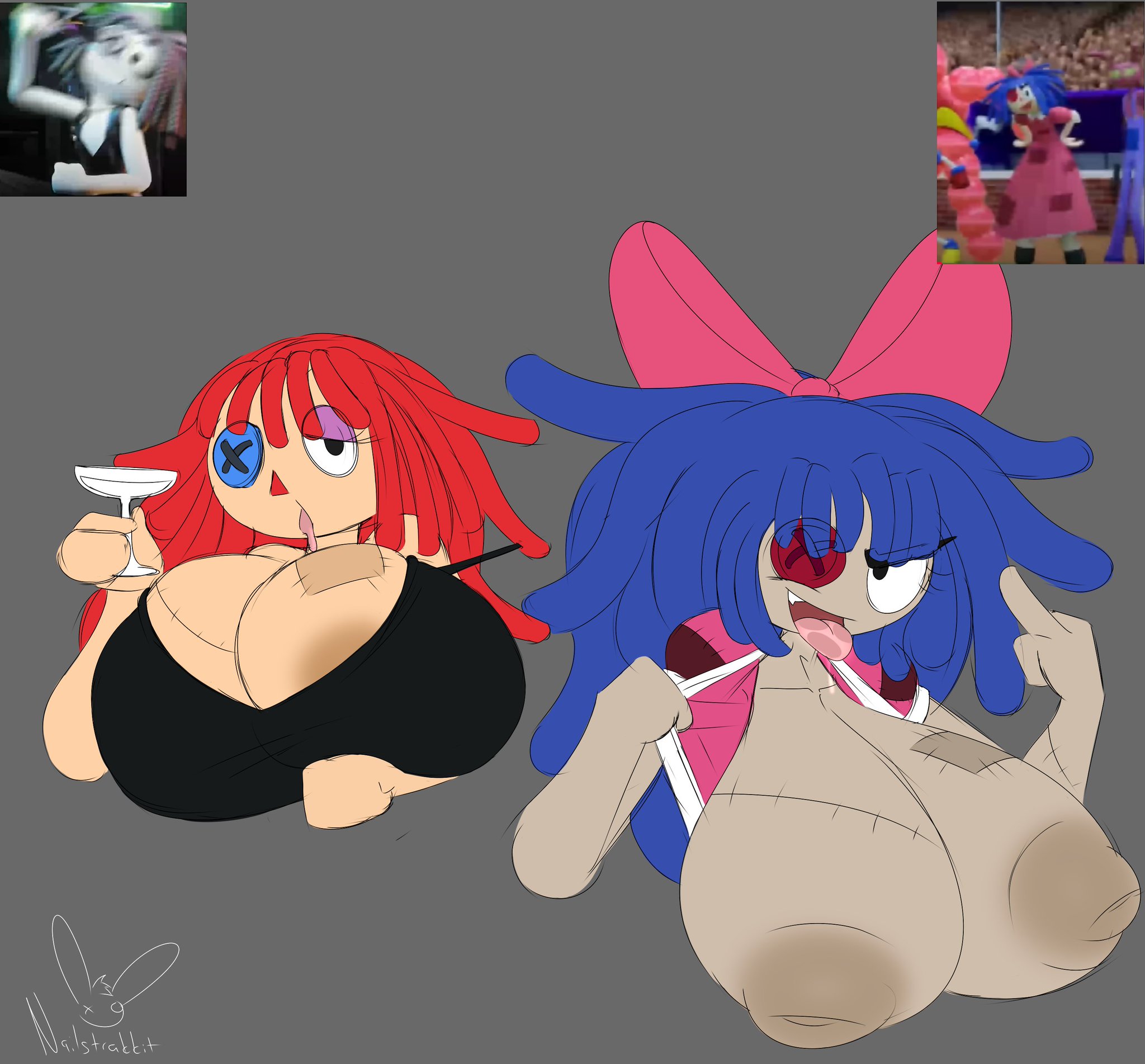big breasts, blue hair, breasts, breasts bigger than head, button eye, duo, duo female, evil ragatha, evil ragatha (the amazing digital circus), female, female only, flipping off, glass, glass container, grey background, lidded eyes, middle finger, nailstrabbit, ragatha, ragatha (pub outfit), ragatha (tadc), ragatha (the amazing digital circus), red hair, reference image, sewing, stitches, tagme, the amazing digital circus, tongue, tongue out