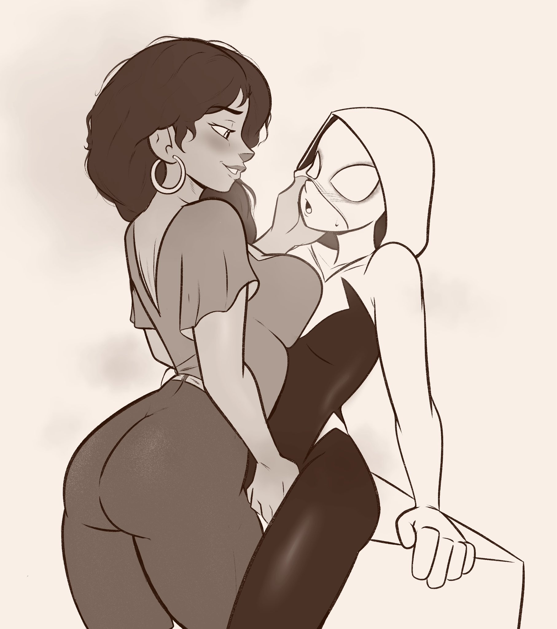 2girls, age difference, ass, big ass, big breasts, blush, breasts, dark skin, dark-skinned female, earrings, female, gwen stacy, gwen stacy (spider-verse), hood, klassyarts (artist), latina, light skin, light-skinned female, marvel, mask, milf, rio morales, spider-gwen, spider-man (series), spider-man: into the spider-verse, sweatdrop, yuri