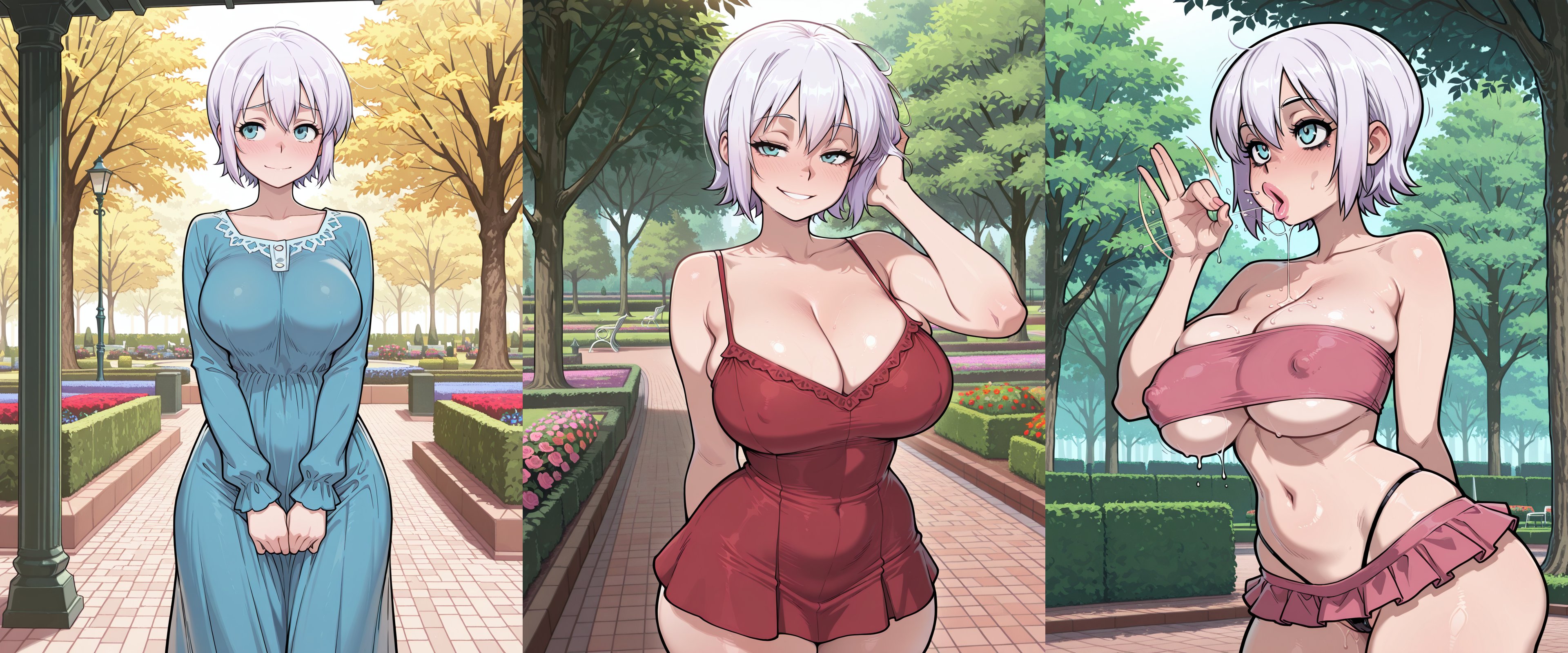 ai, ai art, ai generated, before and after, big ass, big boobies, big breasts, big butt, bimbo, bimbofication, comic, fairy tail, female, female only, kinia, lisanna strauss, no dialogue, tagme, white hair