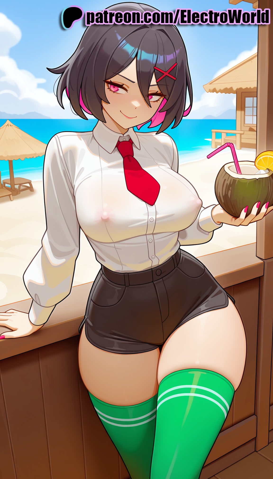1girls, 2025, ai generated, aqua nails, artist name, beach, beach chair, black nails, blue nails, blue sky, breasts, bust, chair, chest, cloud, cloudy sky, covered nipples, cup, day, drink, drinking straw, electroworld, erect nipples, erect nipples under clothes, exposed nipples, female, green legwear, green nails, hair ornament, hi res, high quality, high resolution, highres, horizon, misako (kunio-kun), multicolored nails, nail polish, nipples, nipples outside, nipples visible through clothing, no bra, ocean, patreon, patreon username, pink nails, purple nails, railing, red nails, river city girls, see-through, shirt, short hair, sitting, sky, smile, solo, stable diffusion, table, thighhighs, watercraft, watermark