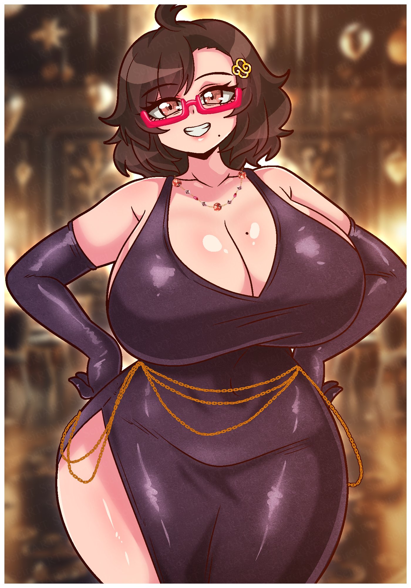 arm sleeves, big breasts, breasts, breasts bigger than head, glasses, necklace, saki (seireiart), seireiart, tagme, thick thighs