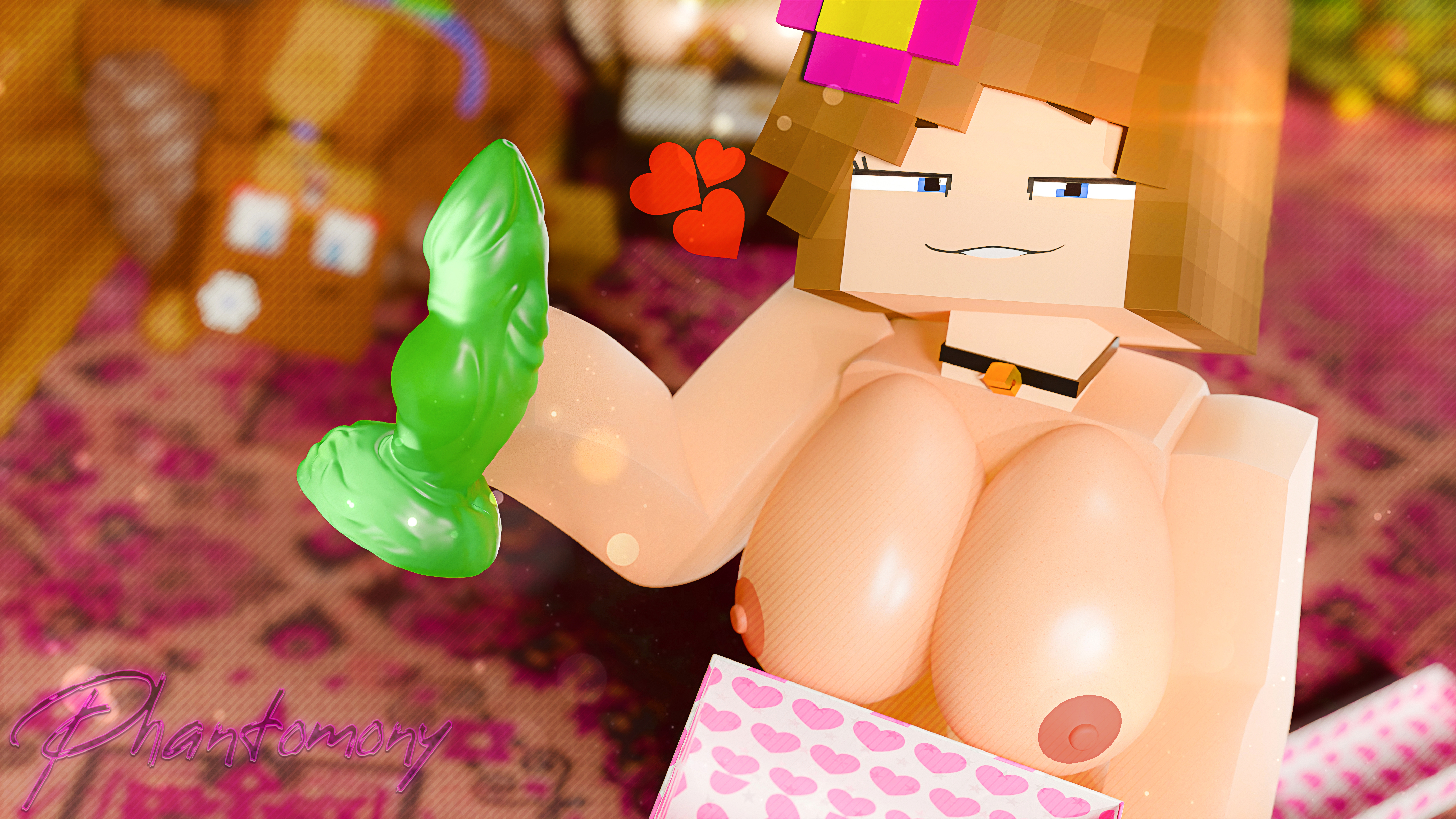 1girls, big breasts, blue eyes, breasts, brown hair, christmas, dildo, female, female only, holding object, jenny belle (slipperyt), large breasts, looking at viewer, minecraft, nude, phantomony, present, self upload, smiling, twitter, twitter username, white skin